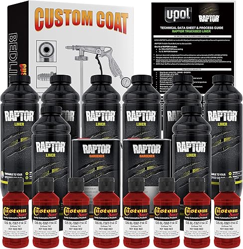 U-POL Raptor Hot Rod - Kit de revestimiento de uretano rojo con pistola rociadora de capa personalizada con regulador, 8 litros