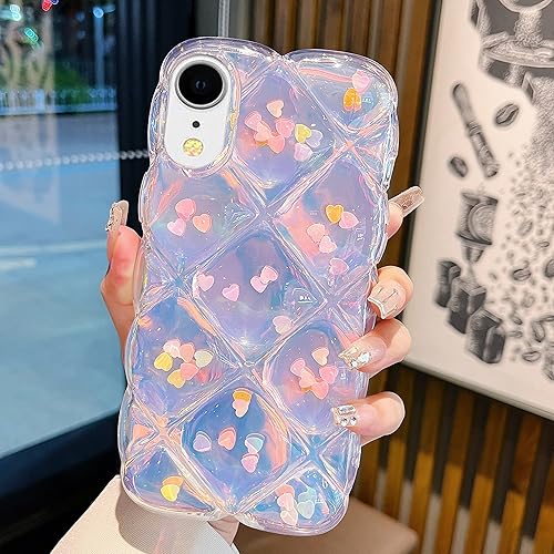 Miniatura 8 de Qokey Funda para iPhone XR de 6.1 pulgadas, lindo láser gradual Bling Love Heart Glitter Clear+Translucent Card Soft Wave Frame Anticaída 3D gruesa