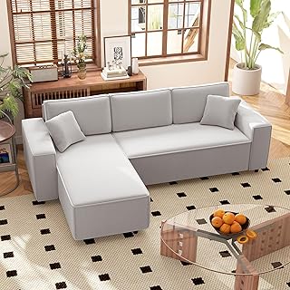 HOMCOM 95" Sectional Sofa with Reversible Chaise Lounge, L-Shaped Corner Sofa with Corduroy Fabric, Pocket Spring, 2 Pillows, Wide Arm, Thick Padded, 3 Seat Couch for Living Room, Light Gray