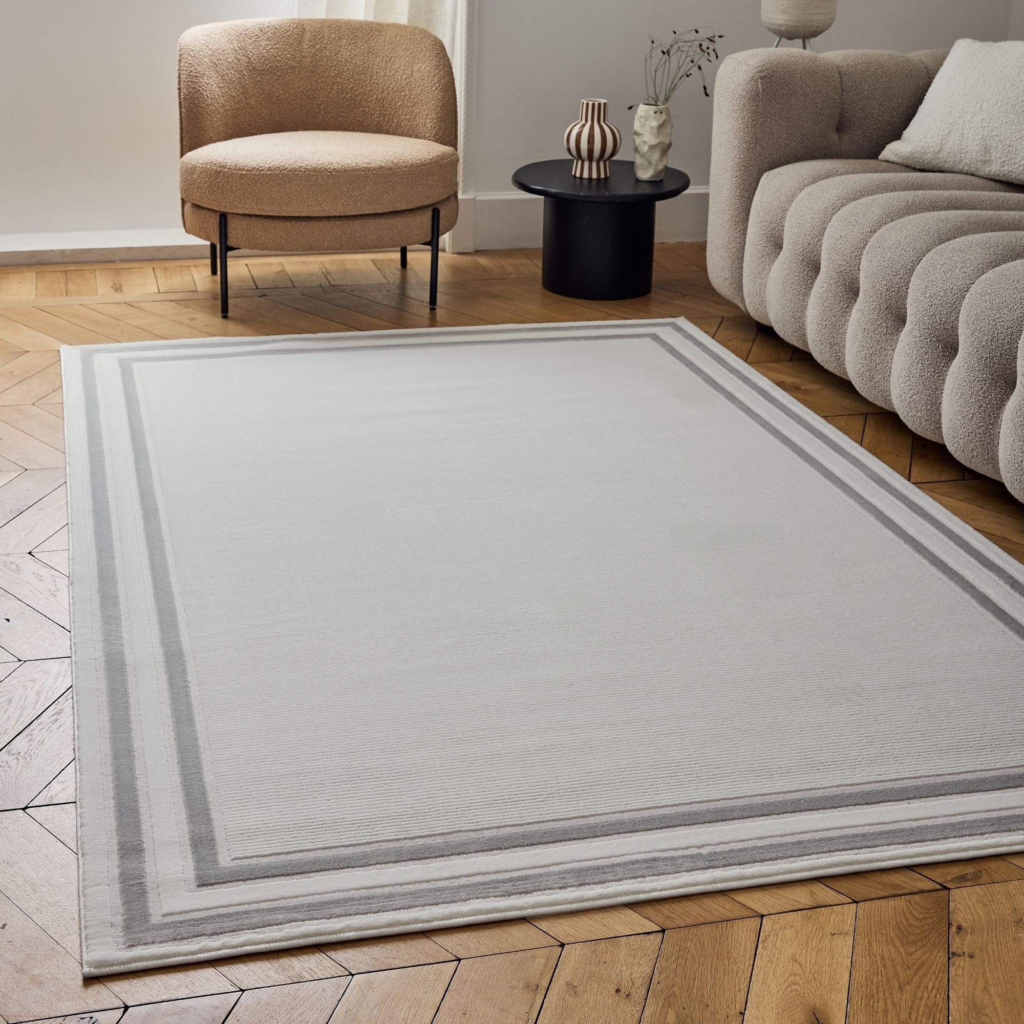 THE RUGS Carmel Modern Area Rug - Stain-Resistant, Non-Shedding, Durable Rugs for Living Room and Bedroom [ Bordered Grey, 160x230 cm ]