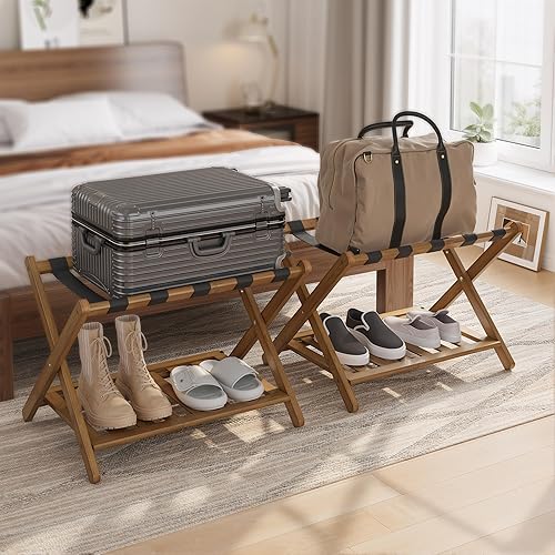 Miniatura 16 de Smuxee Paquete de 2 portaequipajes de nogal totalmente montados, soporte plegable de bambú mejorado para maleta con 5 correas de nailon, soporte