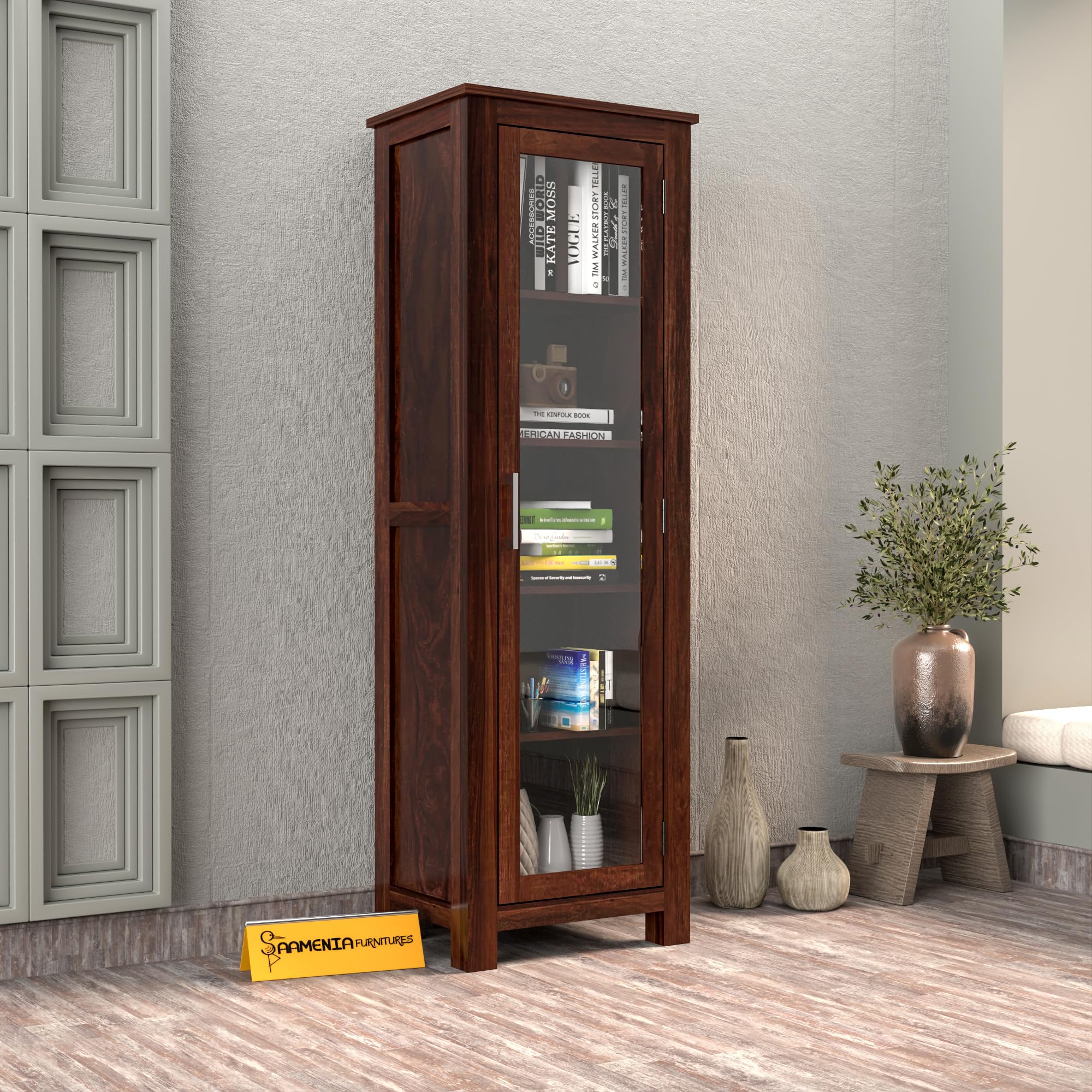 Solid Sheesham Wood Bookshelf with Acrylic Glass Door | Rosewood Kitchen Cabinet with Storage Shelves for Dining Room & Office (A-Walnut Finish)-image-25