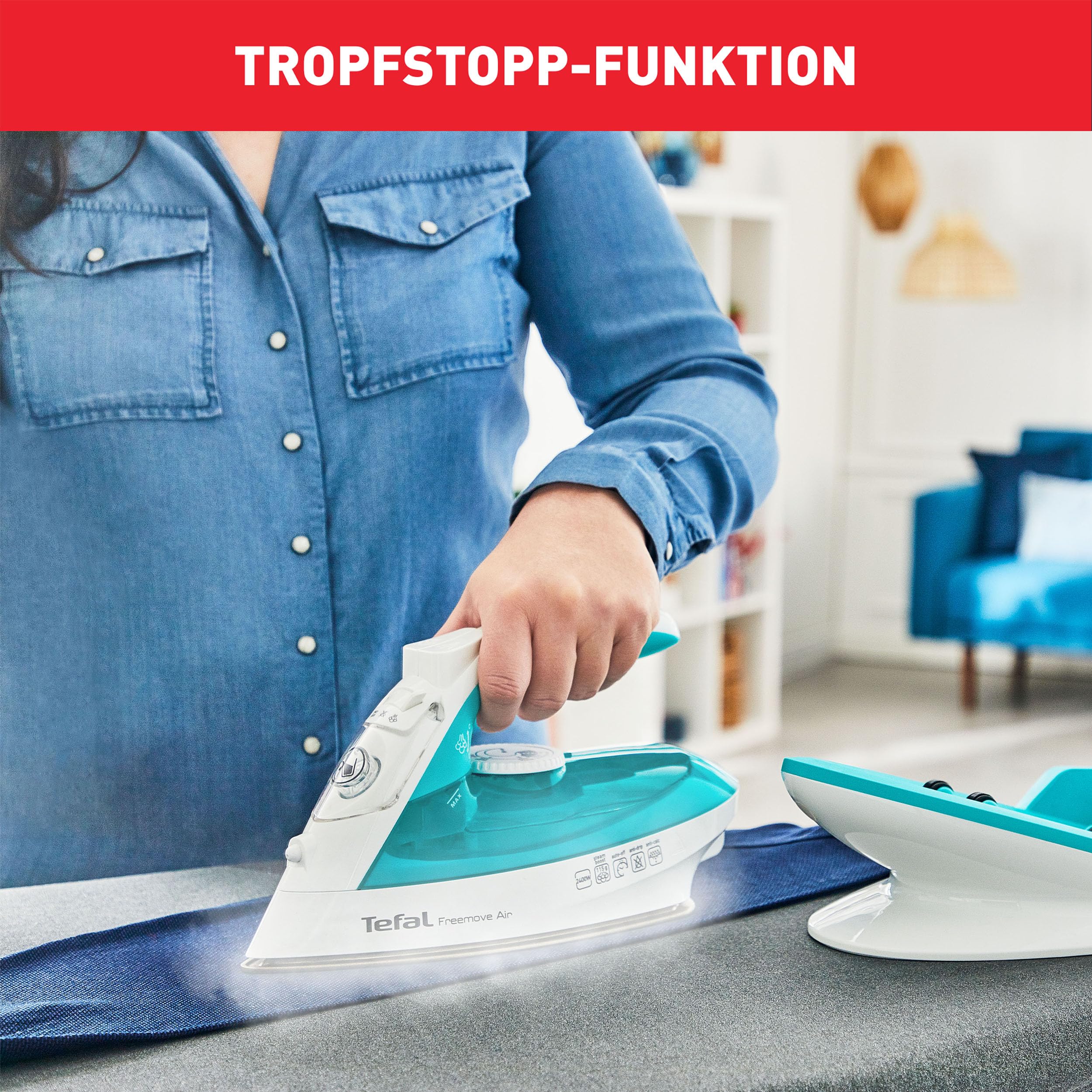 Tefal Freemove Air kabelloses Dampfbügeleisen, 2400 W, 25g/Min-Dauerdampf, 115g/Min-Dampfstoß, Bügeleisen kabellos, einfaches Aufladen, Tropfstopp, automatisches Abschalten, türkis/weiß, FV6520