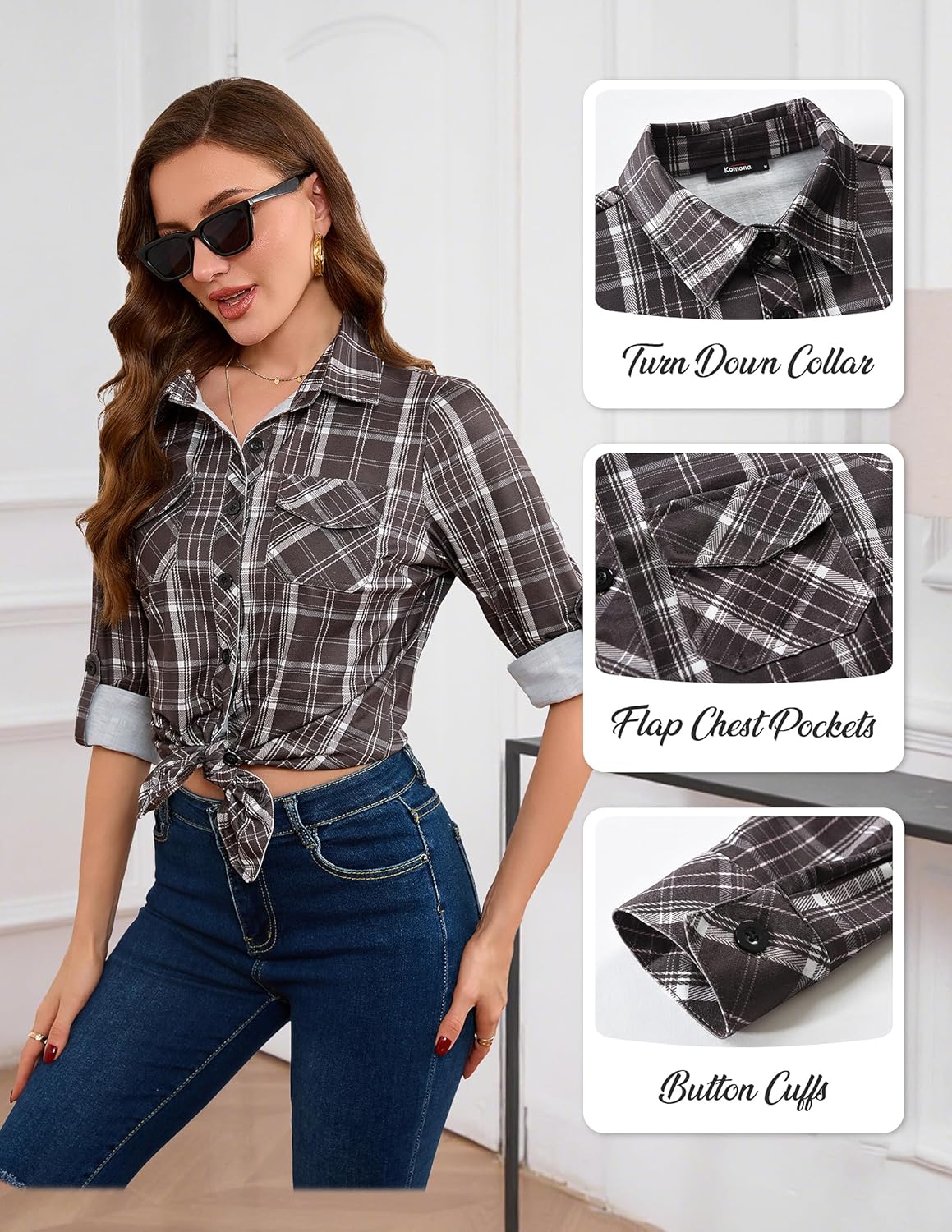 KOMANA Women's Roll Up Stretchy Knit Plaid Shirts Button Down Long Sleeve Blouses for Women Tops - Image 7
