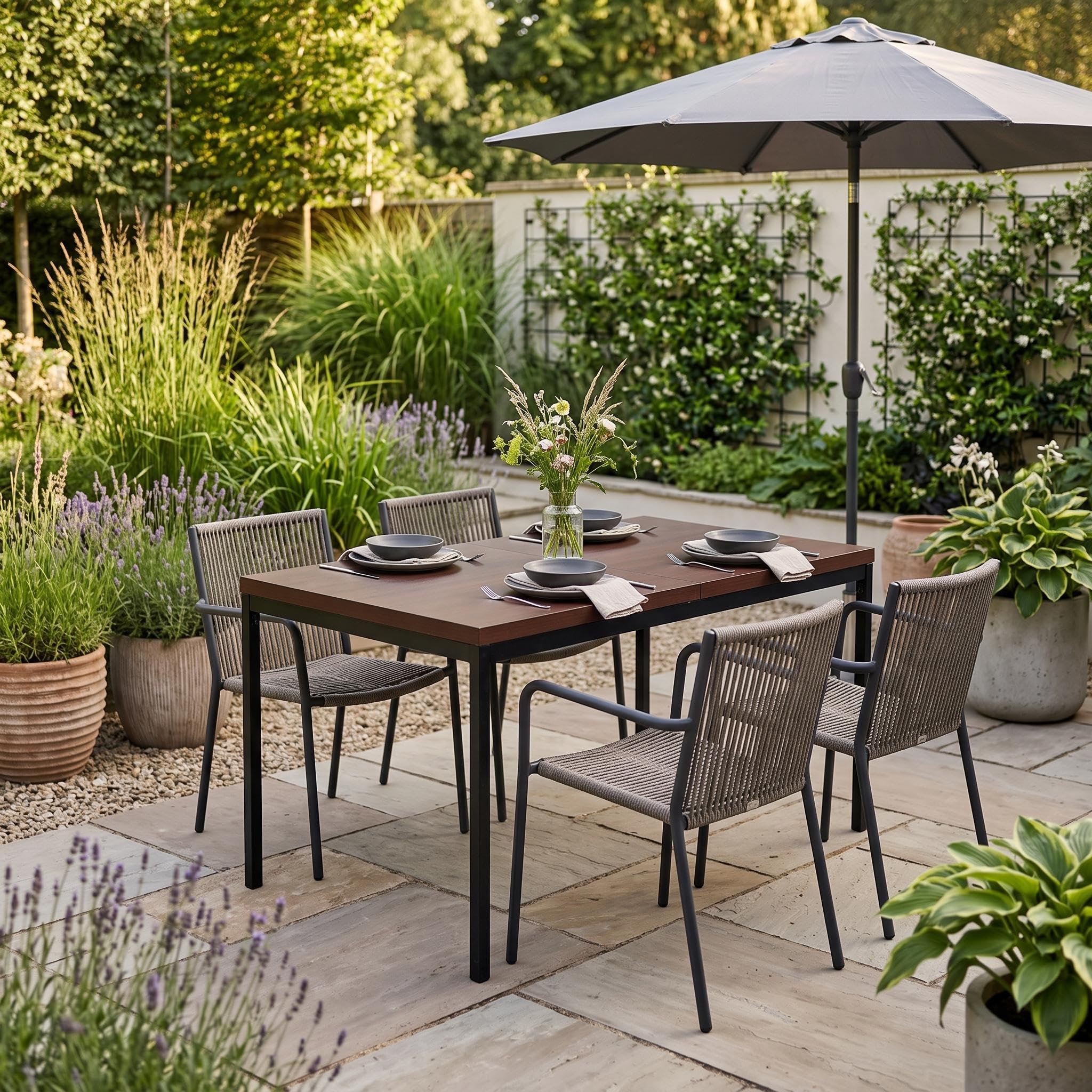 FurnitureR Tables à Manger de Jardin en Brune, Style Épuré et Élégant pour 4 à 6 Personnes, Plateau en Bois Epais avec Structure Métallique, pour Terrasse, Patio, Garden, 120x70x75cm