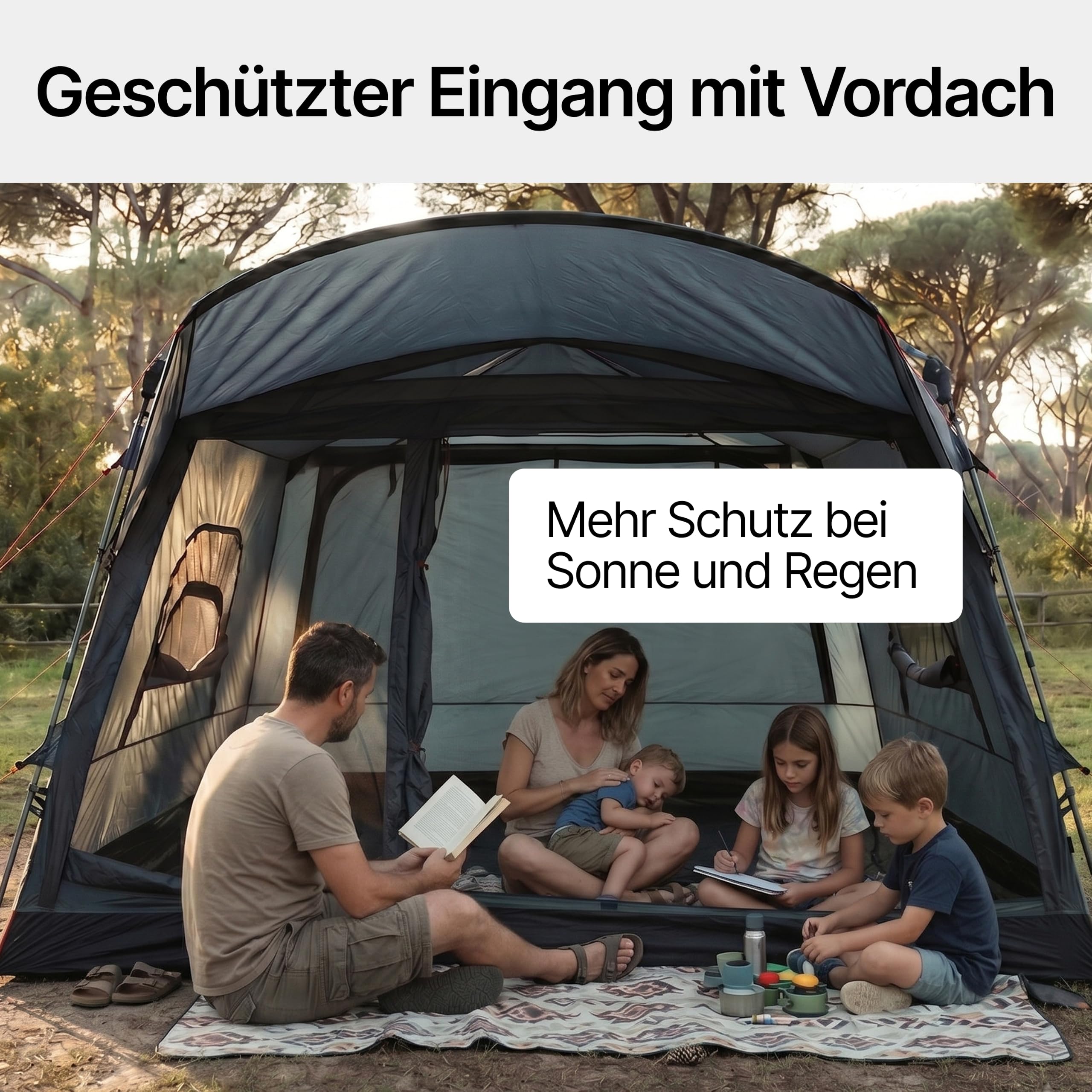 qeedo Quick Villa Familienzelt (für 4 oder 5 Personen) mit Quick-Up Schnellaufbau-System - Wasserdichtes Campingzelt, extra groß, hoch & geräumig, mit Vordach, Eingang & Fenster mit Mesh-Moskitonetz