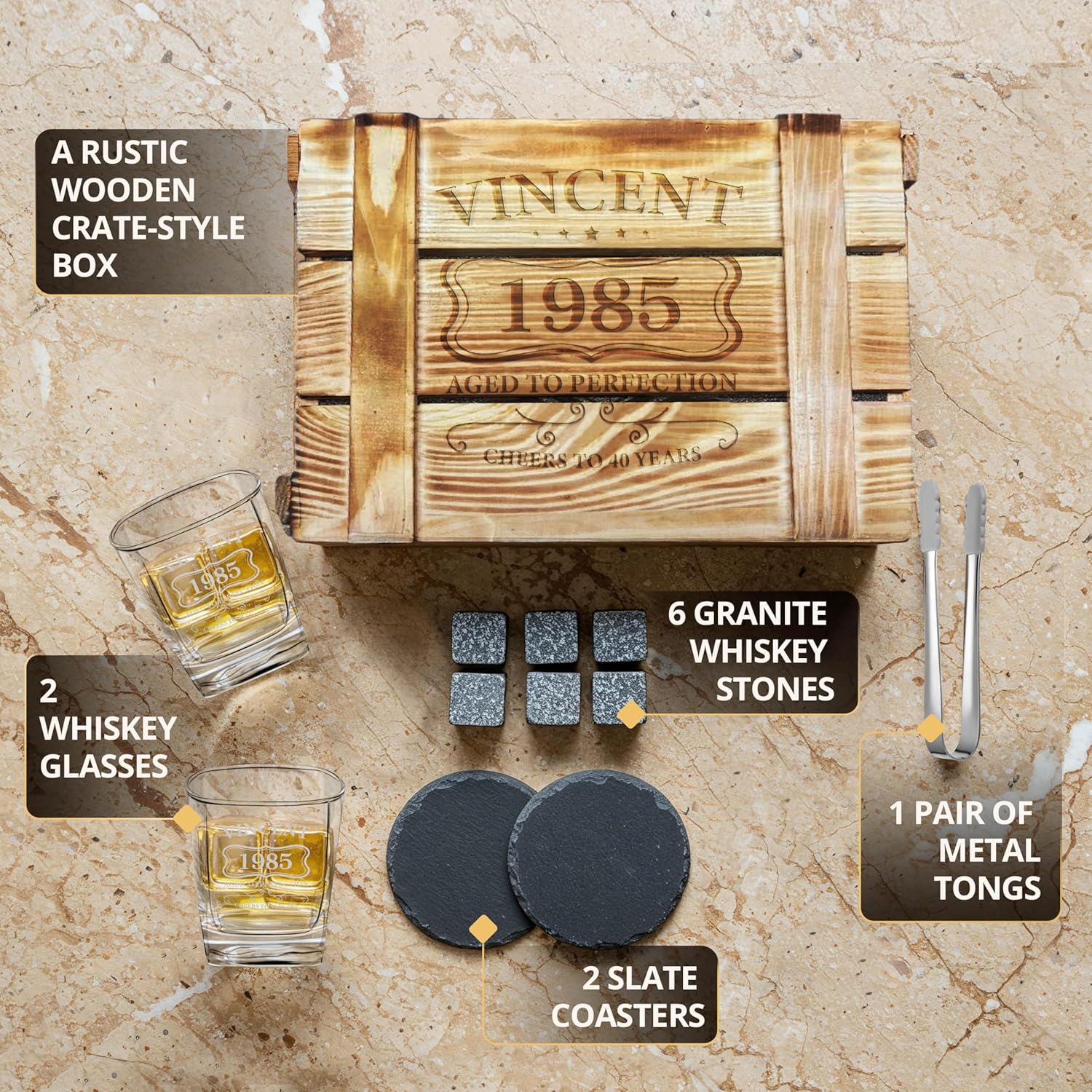 Custom Birthday Name Year Whiskey Glass Gift Set 2 Glasses, 6 Granite Chilling Stones, Tongs & 2 Slate Coasters in Rustic Wood Crate – Scotch, Bourbon Lovers Gift