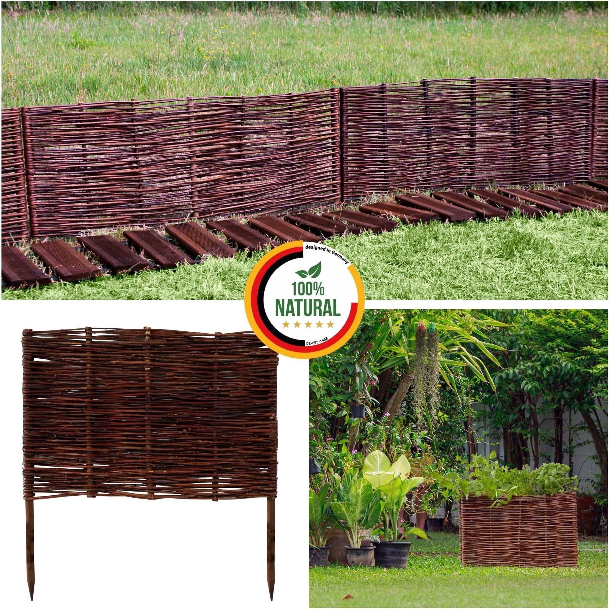 Floranica® Wooden Border Fencing, Border in 25 Sizes - Impregnated Willow Edging Fence with Beech Stakes, Length:1 pc x 60 cm, Height:60 cm