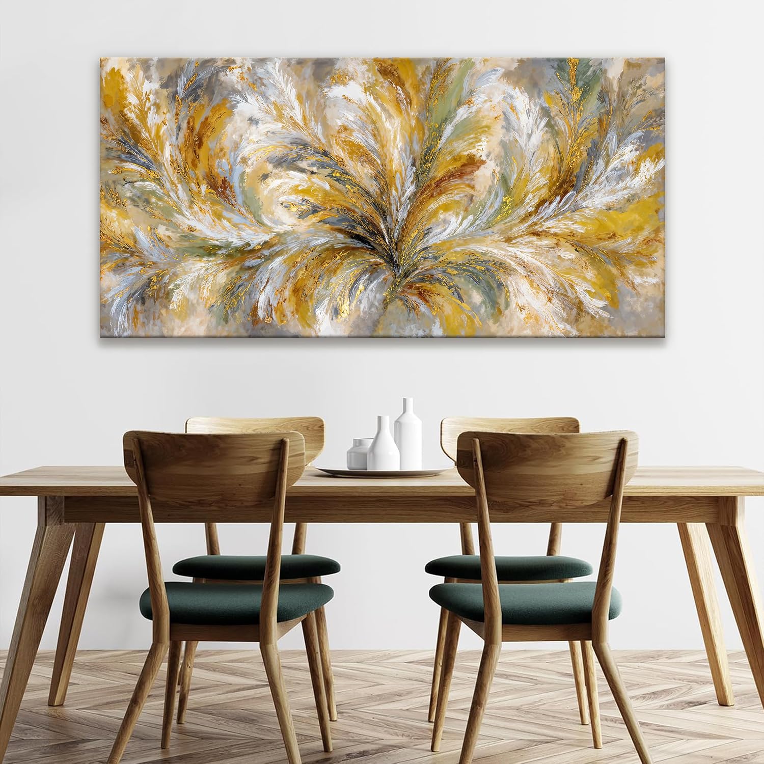 I@U Modern Feather Wall Decor Yellow White Abstract Wall Art Prints Modern Abstract Feather Artwork For Walls Decor Canvas Wall Art For Living Room Bedroom Kitchen Dining Room 24x48 Inch