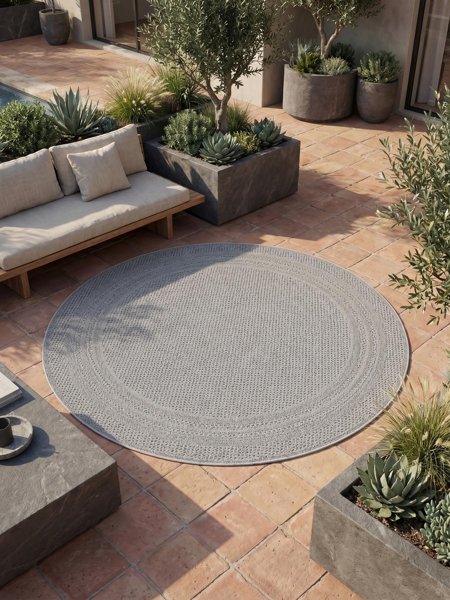 Tapis Tissé Plat Uni Style Kilim Lavable Gris 120x120 cm Entrée Couloir Oeko-TEX | VENTOUX