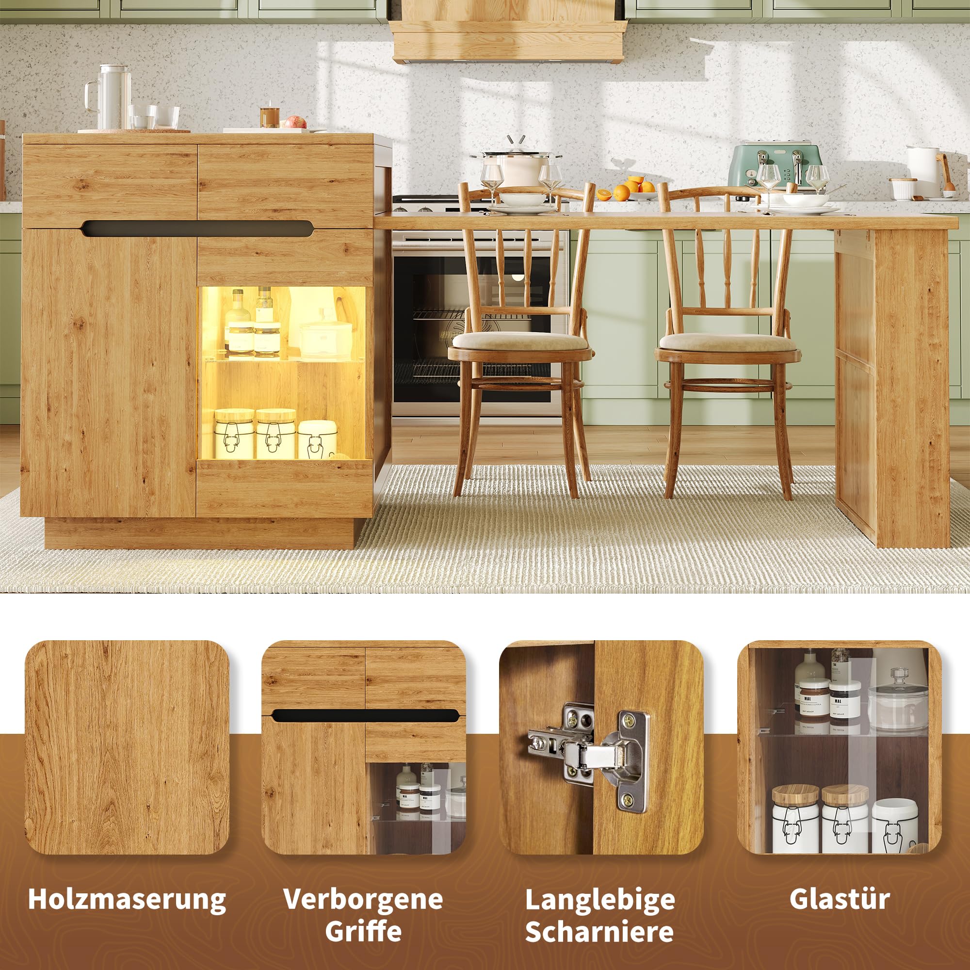 Isola cucina con tavolo allungabile, mobile cucina multifunzionale con illuminazione a LED (controllabile tramite app), effetto rovere, vano contenitore, cassetti, anta in vetro, per sala da pranzo e