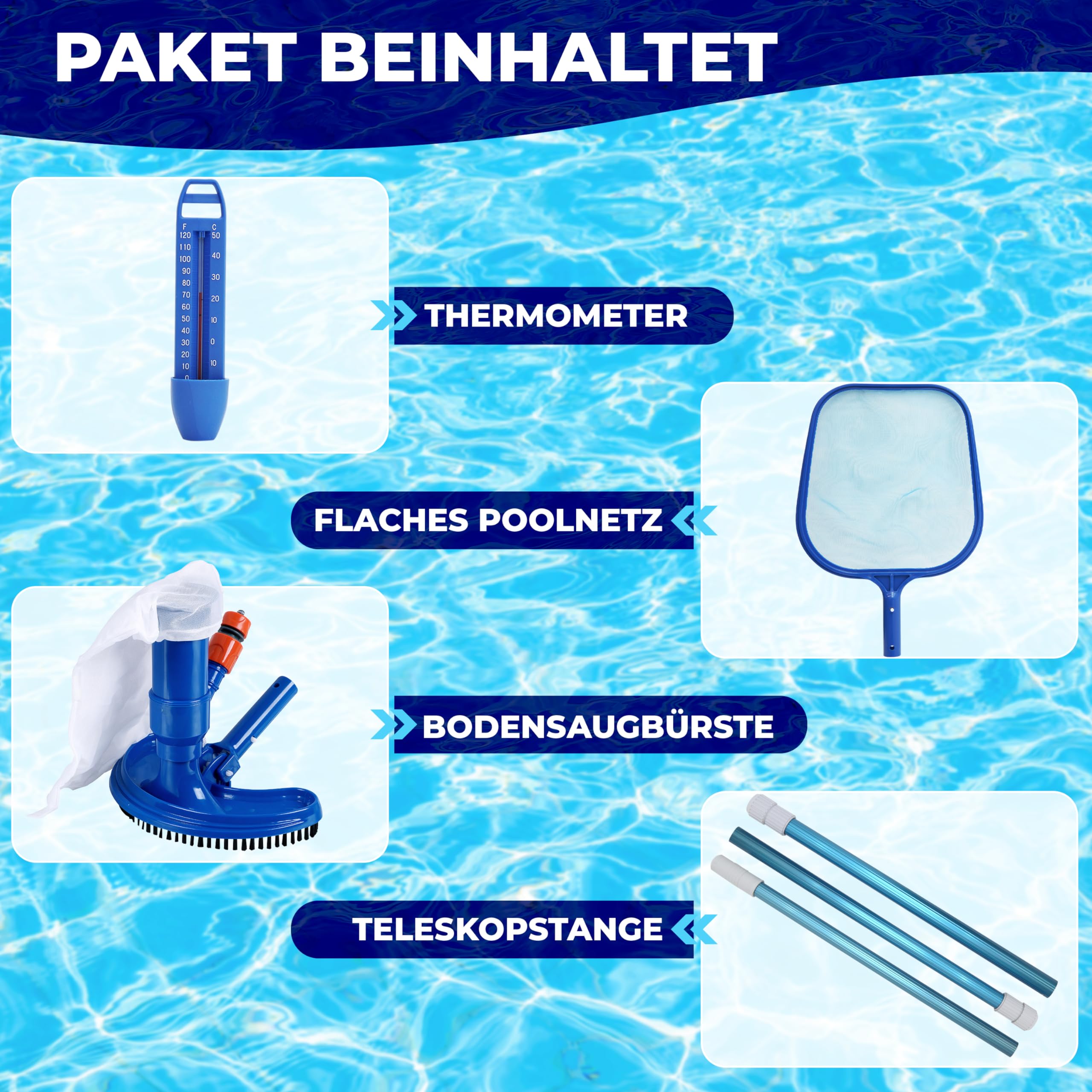 Pool Sauger Reinigungsset Poolsauger mit Kescher, Teleskopstange, Thermometer & Bürste. 4pc Bodensauger Pool Handpoolsauger. Pool Cleaner Sauger Poolreinigungsset komplett Reinigung Boden.