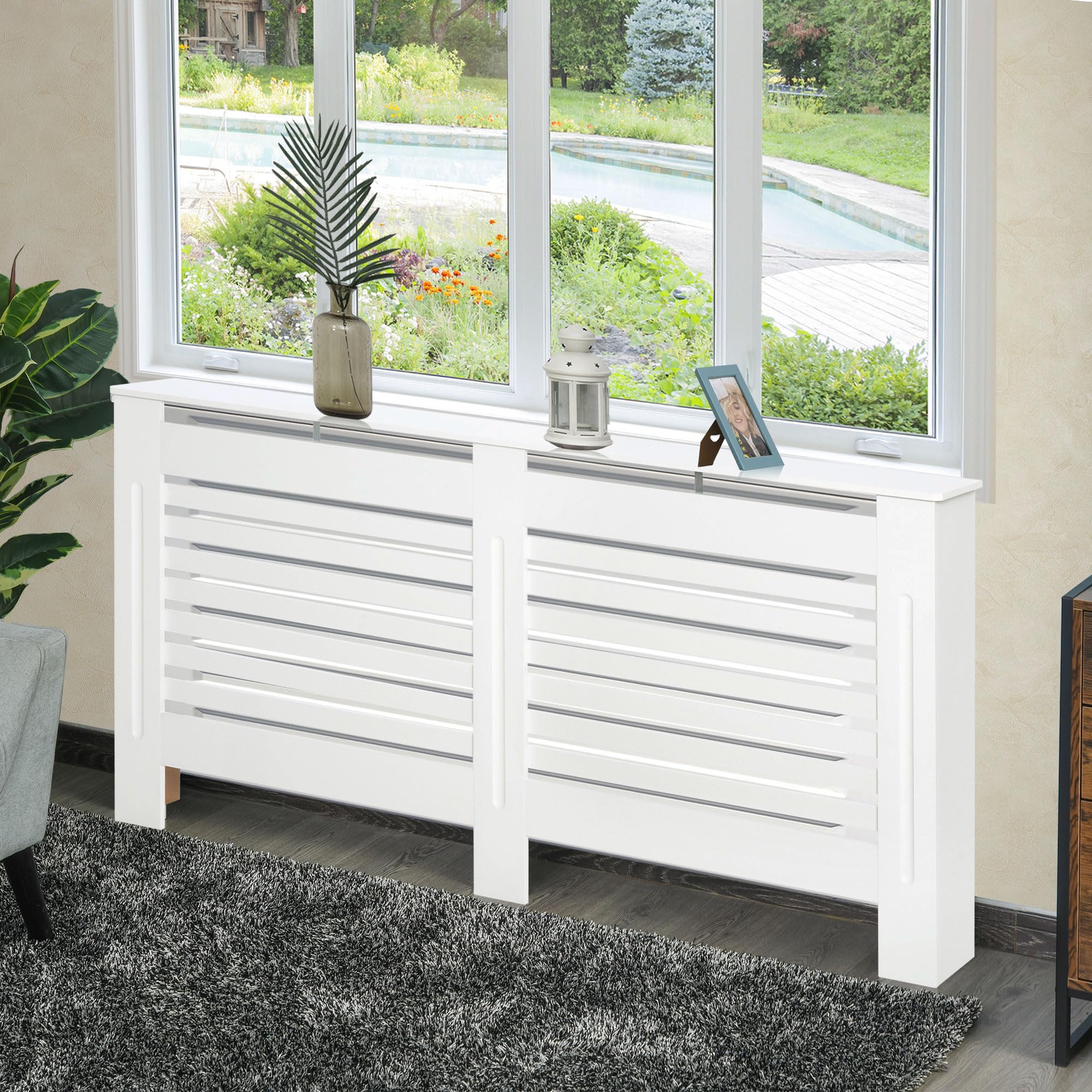 HOMCOM Copritermosifoni a Doghe con Ripiano Portaoggetti 172x19x81cm Bianco | Copri Termosifone Moderno, Antiribaltamento, Copertura Radiatore MDF, Soggiorno, Corridoio, Ufficio