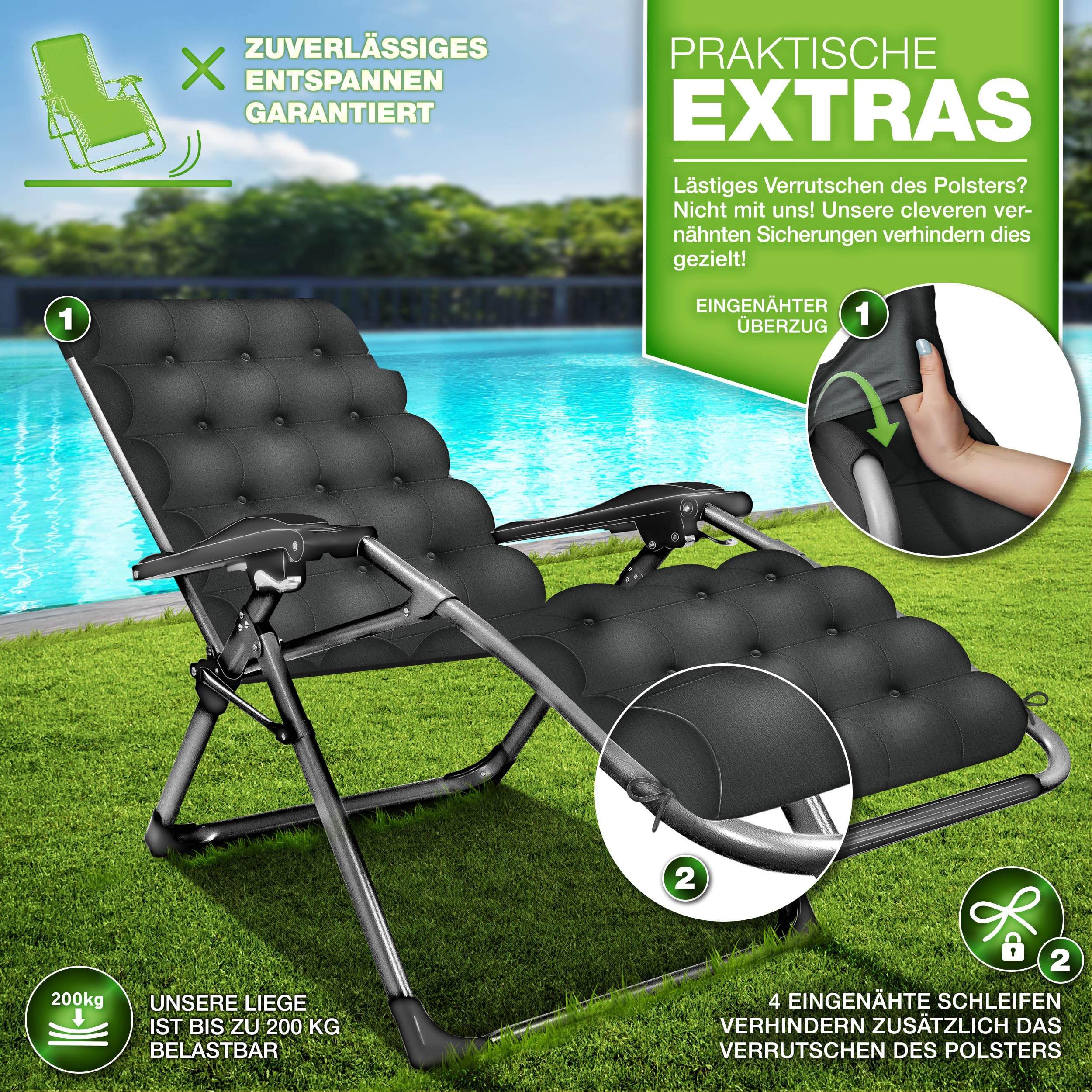 tillvex® Liegestuhl klappbar bis 200kg | Sonnenliege Gartenliege wetterfest Balkon, Garten & Terrasse | Outdoor Liege verstellbar mit dickem Polster | Relaxliege Nackenkissen (Anthrazit)