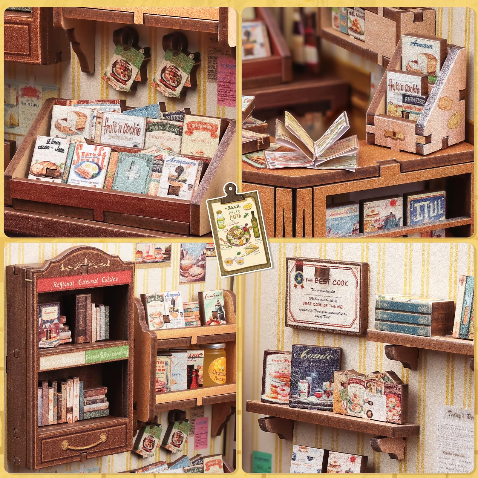 CUTEBEE Book Nook Kit - Miniature Legname 3D Casa Prefabbricata, DIY a Tema Cucina per Adulti, Regalo Ldeale per Gli Appassionati di Cucina e per La Casa, Regalo di Compleanno (Cooking Bookstore)