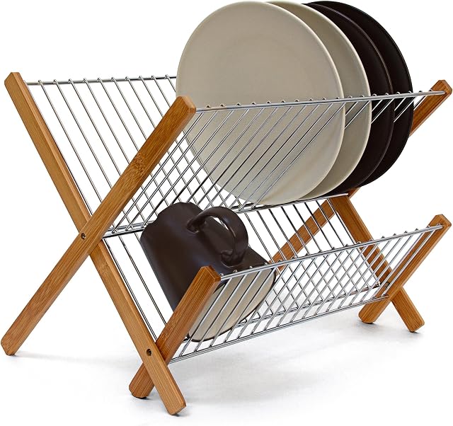 Relaxdays CROSS Bamboo And Chromed Steel Draining Rack: 27 x 38 x 29 cm Drying Rack Folding Dish Drainer For Plates, Cups, Glasses, Natural