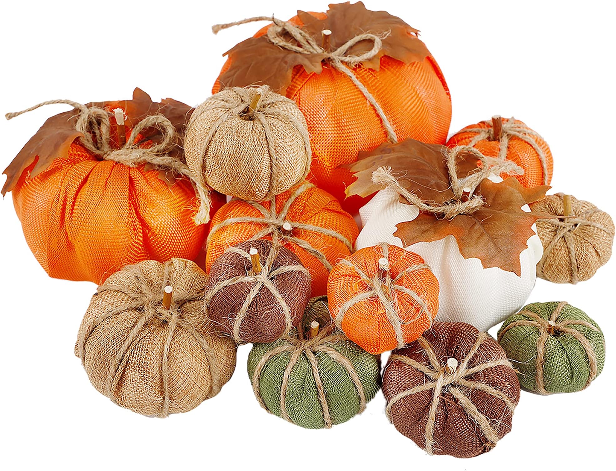 winemana Thanksgiving Decorations Artificial Pumpkins, Set of 12 Mixed Sizes Burlap Pumpkin with Leaves, Harvest Holiday Party Indoor Home Kitchen Props