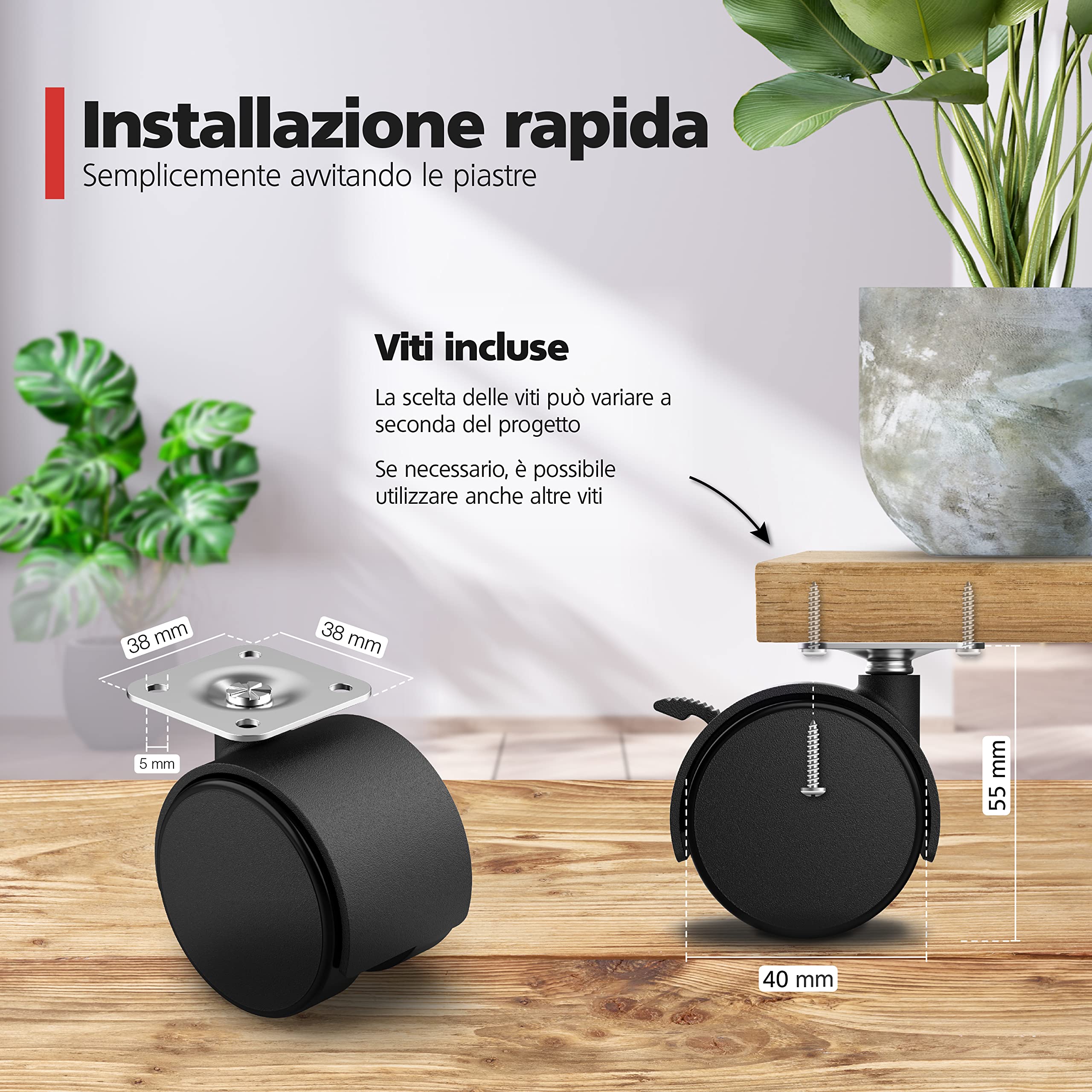 RAVN HAMAN Set di 4 Ruote per mobili 40 mm - Ruote piroettanti con freno fino a 25 kg per ruota - Ruote pivottanti per mobili da interno - Rotelle girevoli con bassa resistenza al rotolamento