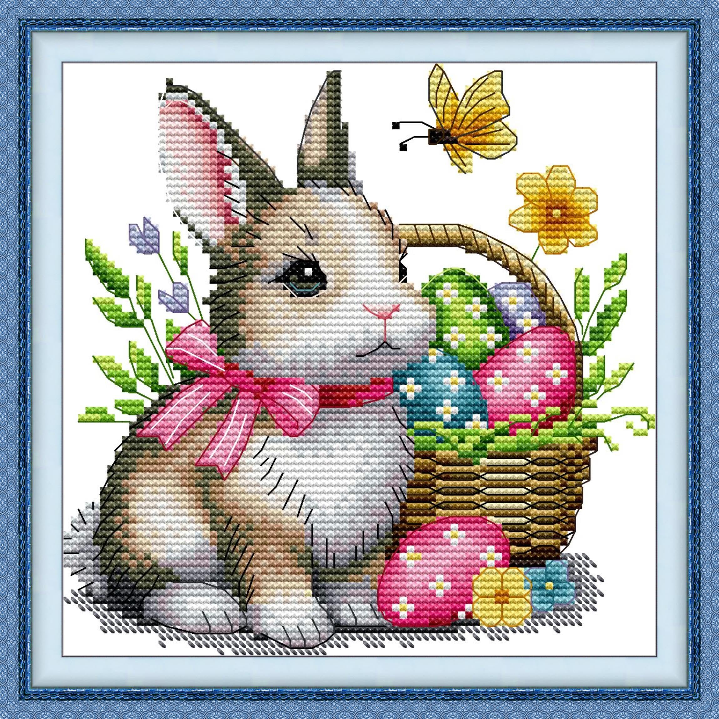 Threadhaven Counted Cross-Stitch Kit 14CT Aida Fabric with Threads, Needles & Guide | Animal Sewing Pattern Embroidery Kit for Adults | Premium DIY Craft Kit- Easter Egg Bunny 7.5''×7.5''