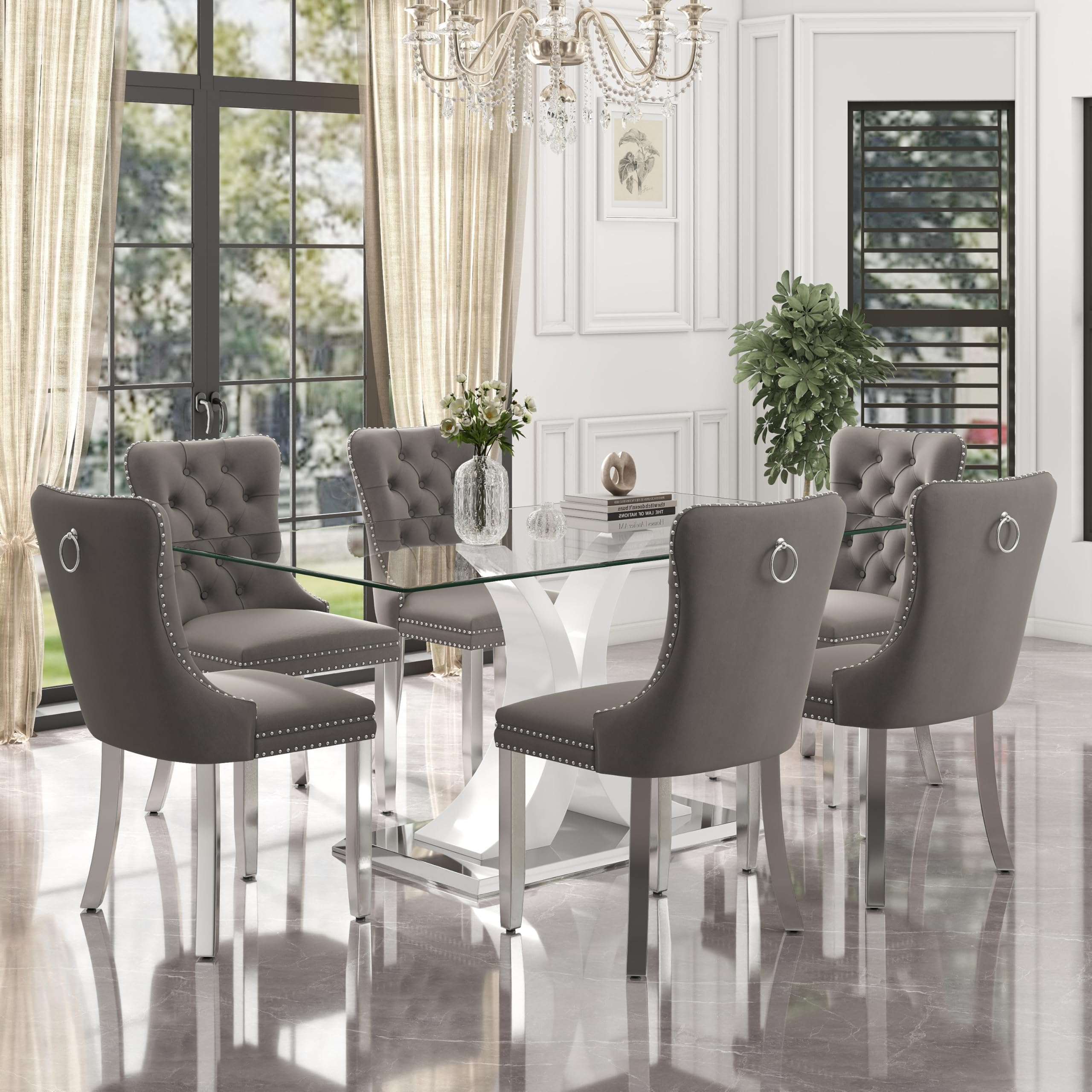 HAIZAO 7 Pieces Modern Luxury Glass Dining Set, Large Minimalist Rectangle Dinner Set for 6, 63'' Clear Glass Top Kitchen Table Set with White &