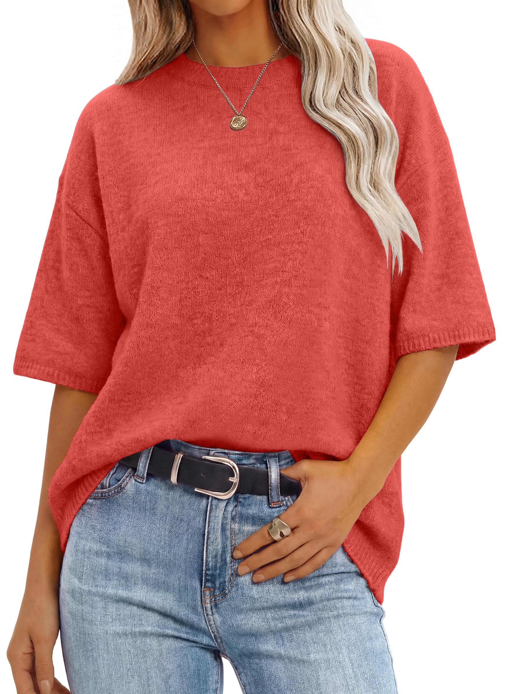 Short Sleeve Sweater for Women Oversized Lightweight Casual Work Top Shirts Knit Crewneck 2026 Spring Summer Outfits-image-39