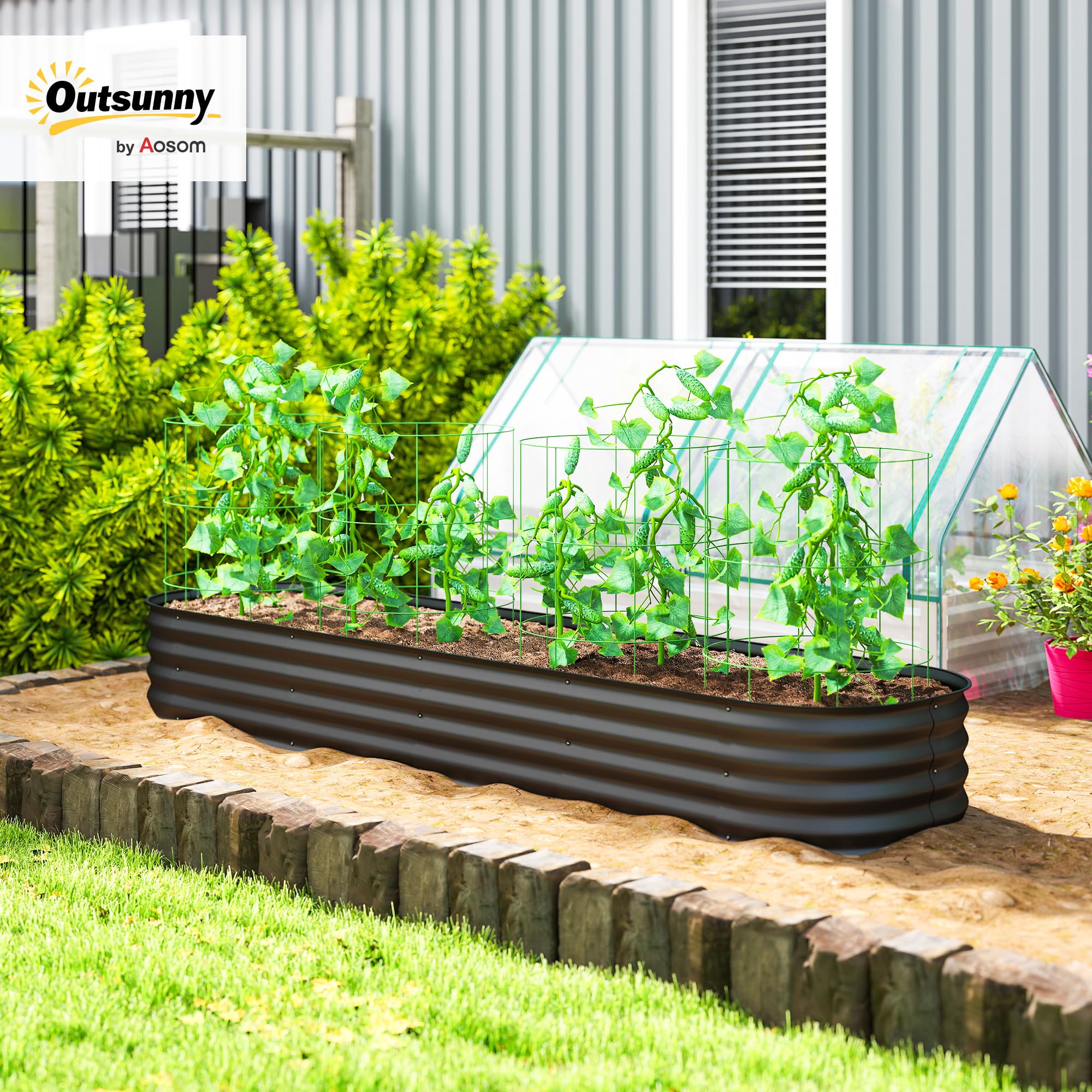 Outsunny Jardinière carré Potager de Jardin en Acier galvanisé modulable pour légumes, Plantes, Fleurs, dim. 240 x 62 x 30 cm, Gris foncé