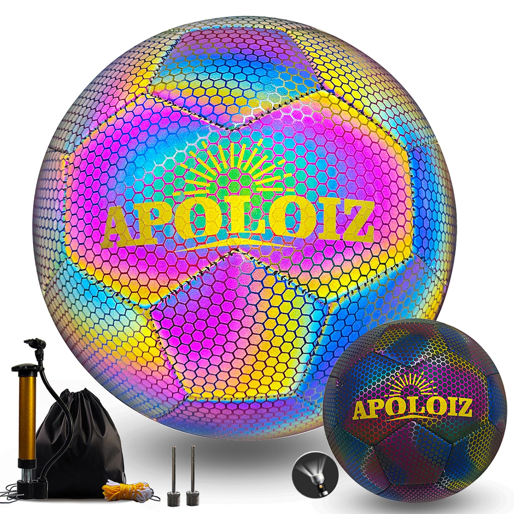 Apoloiz Reflective Football Holographic glow in the dark football Rainbow with Pump,light up football, for Youth Boys & Adults, Outdoor & Night Games(Chroma)(size 5)