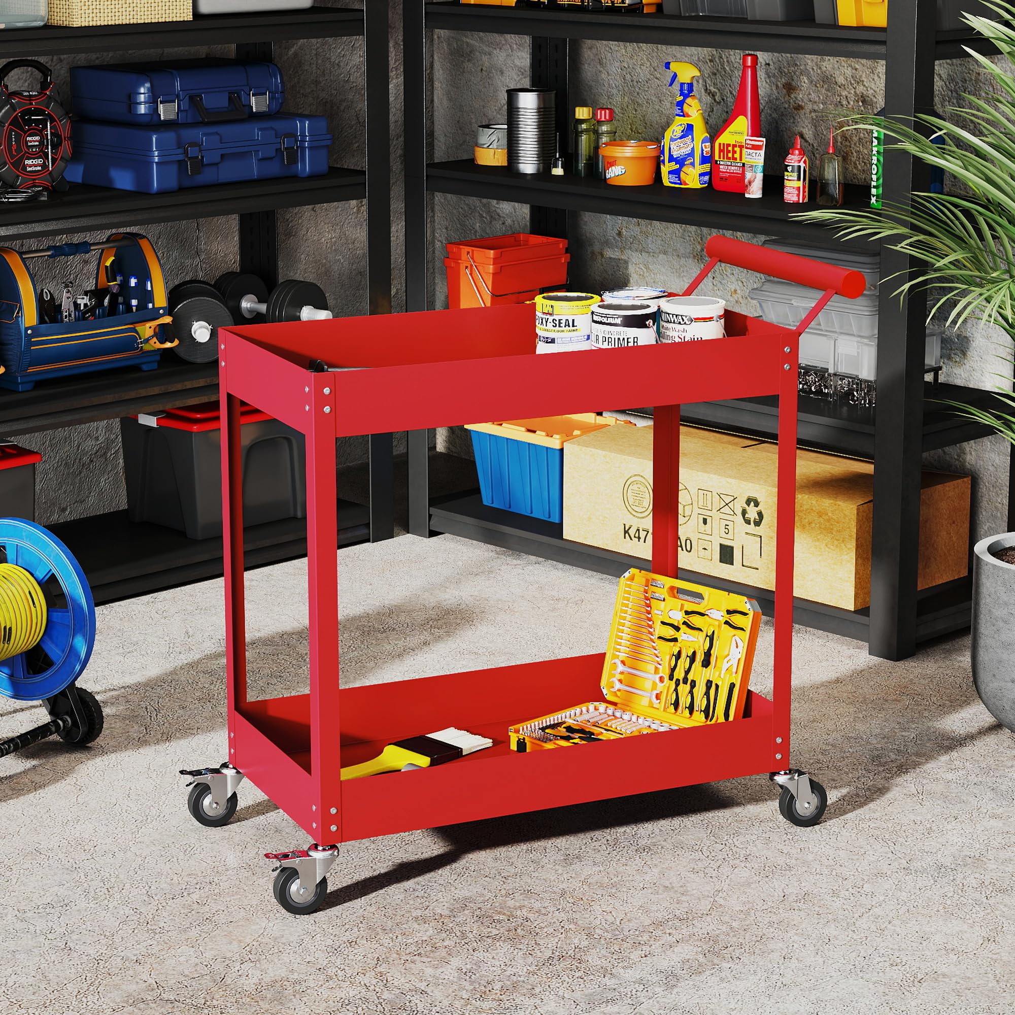 DURHAND Chariot d'atelier servante Atelier Chariot à Outils à 2 Niveaux, poignée latérale et roulettes verrouillables, pour Garage, entrepôt, Outils de Bricolage, Charge 150 Kg, 84,5x38x84cm, Rouge