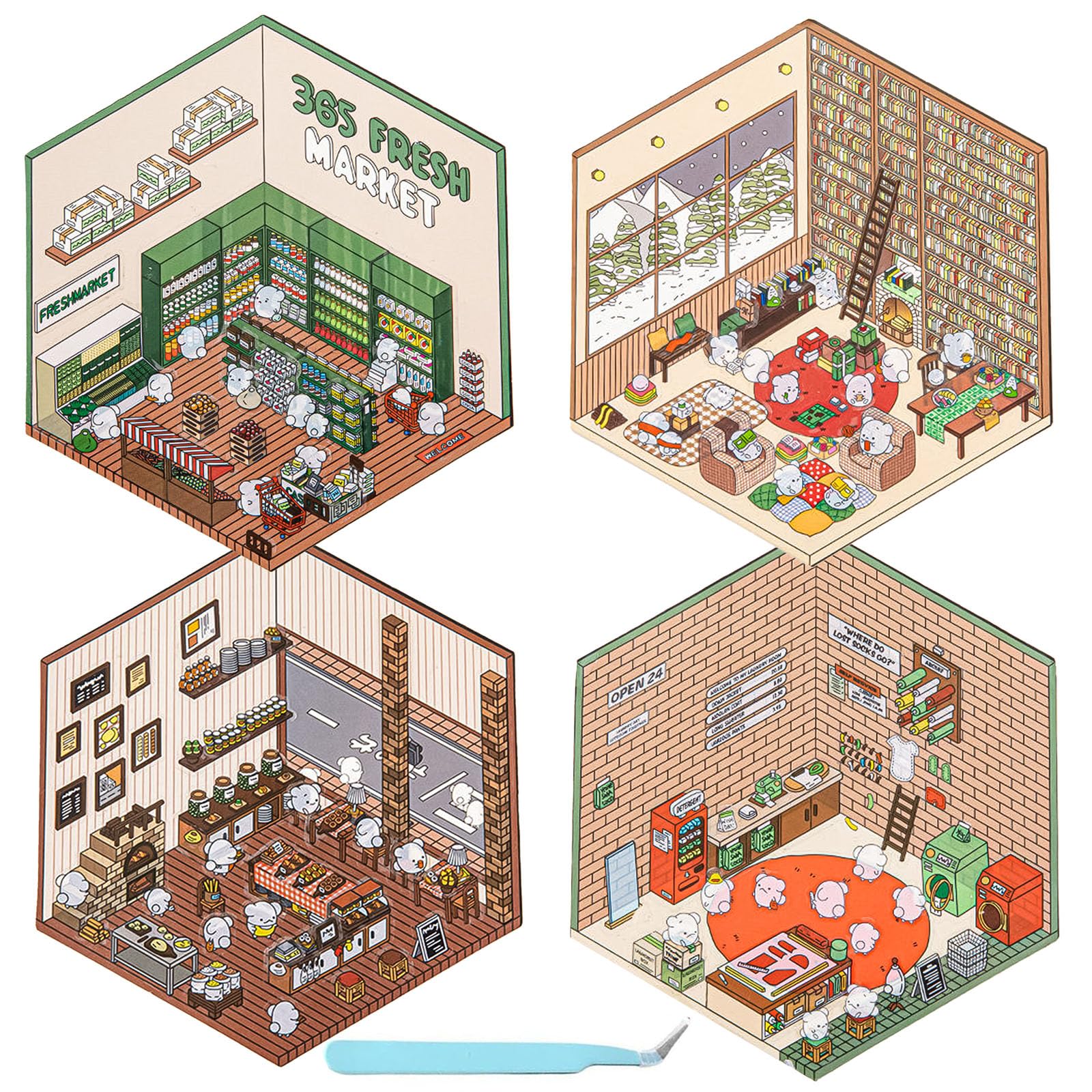 Sponsored Ad – 4-Piece 3D Sticker Scene Set - DIY 3D House Stickers with Tweezers - Convenience Store, Bakery, Laundry, Study - Stress Relief for Adults & Kids