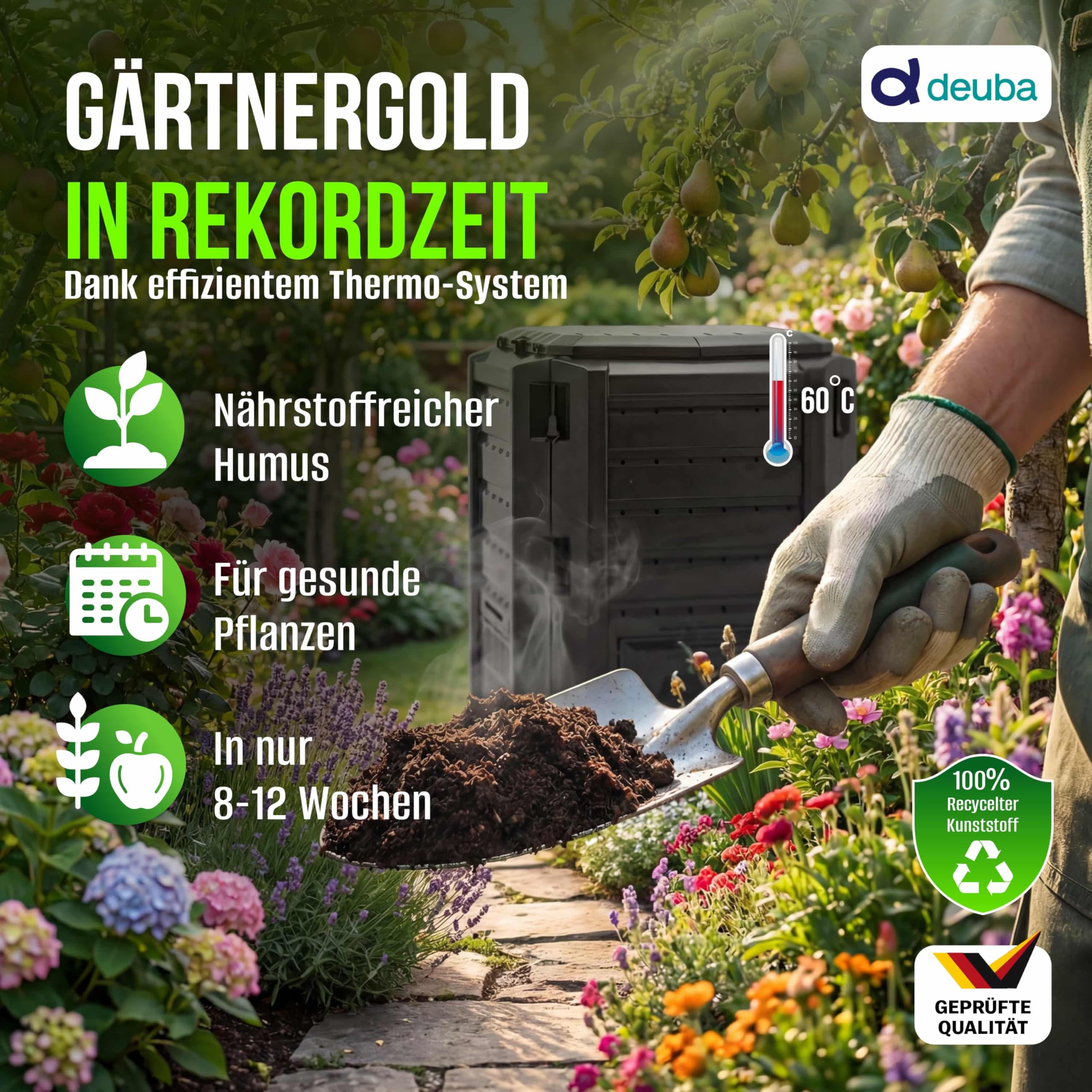 DEUBA® Komposter 800L 135x72x83cm witterungsbeständig Deckel klappbar Gartenkomposter Thermokomposter Schnellkomposter