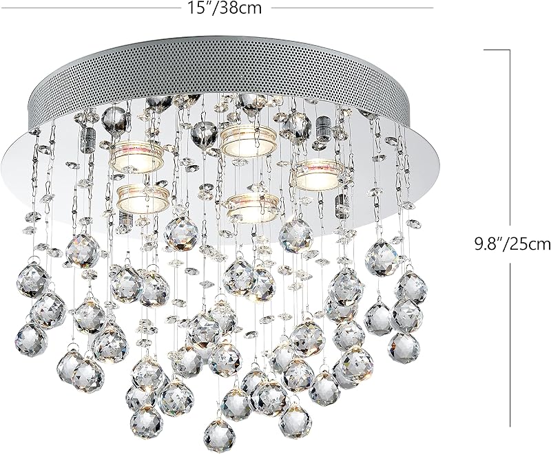 BESTIER Modern Kristály Esőcsepp Csillár - Mennyezeti LED Lámpa 6 G9 Izzóval, Króm, 38 cm, Szabályozható Fényerő, Étkezőbe, Fürdőbe