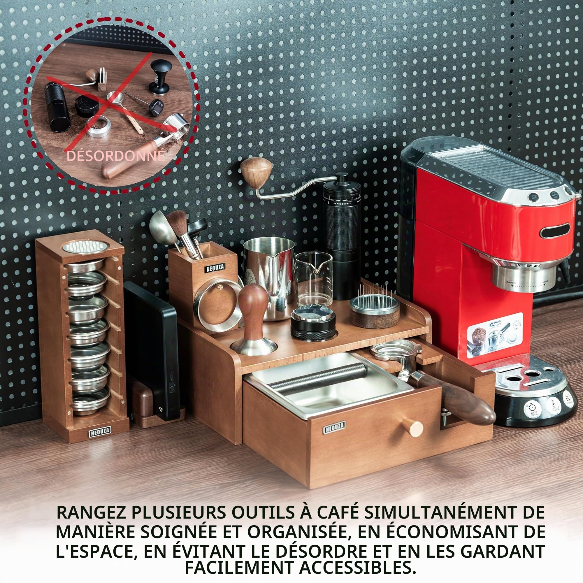 NEOUZA Station de barista multifonction | Boîte à frapper intégrée et support de tamper, tiroir amovible, organiseur en acier inoxydable en hêtre pour porte-filtres de 51/54/58 mm, domestique (54mm)