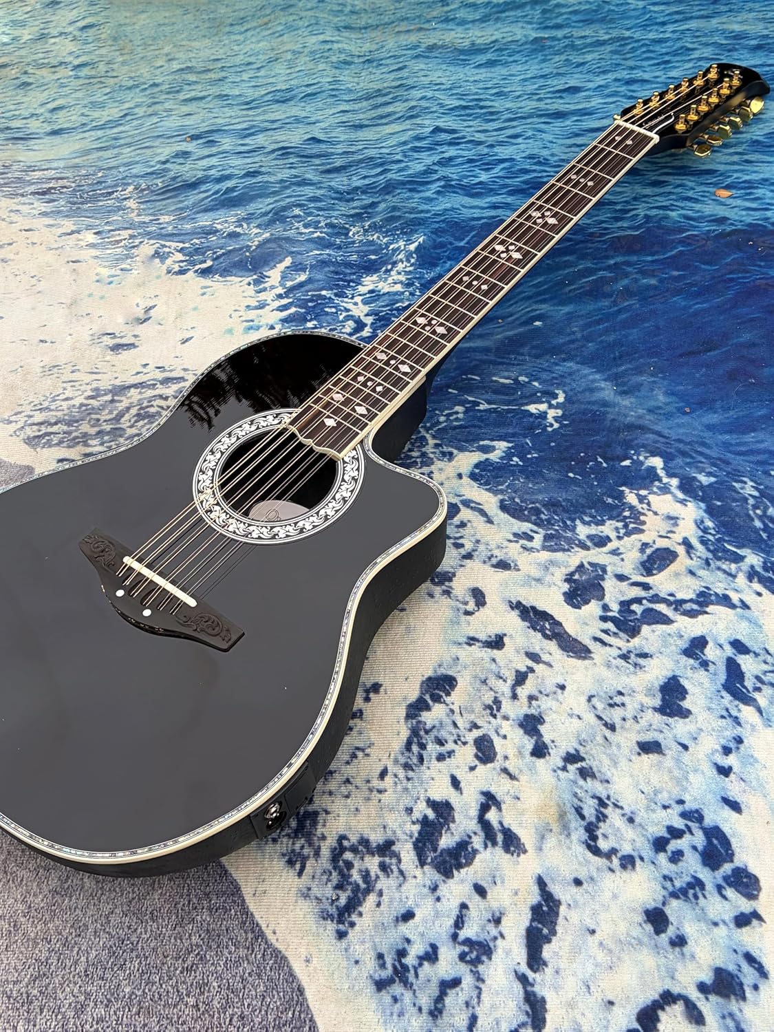 12 String Acoustic Guitar, Black, Cutaway Design, Decorative Rosette, Gold Tuning Pegs