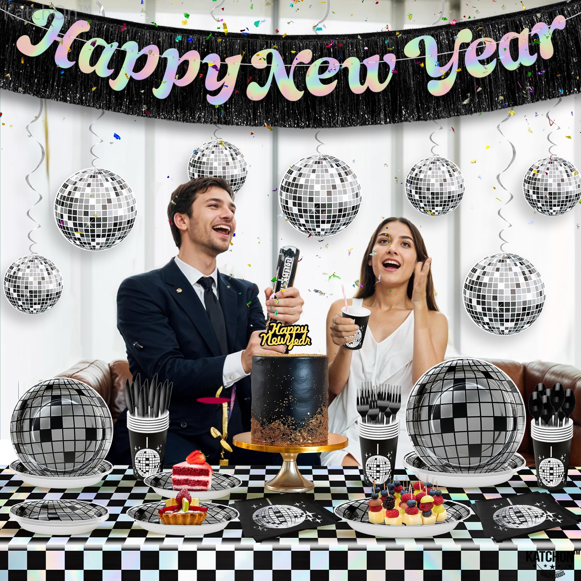 KatchOn, Suministros para fiesta de Año Nuevo 2025 – Paquete de 197 | Sirve 25, vasos, platos y servilletas de Feliz Año Nuevo | Globos de discoteca, flecos plateados | Mantel iridiscente plateado,