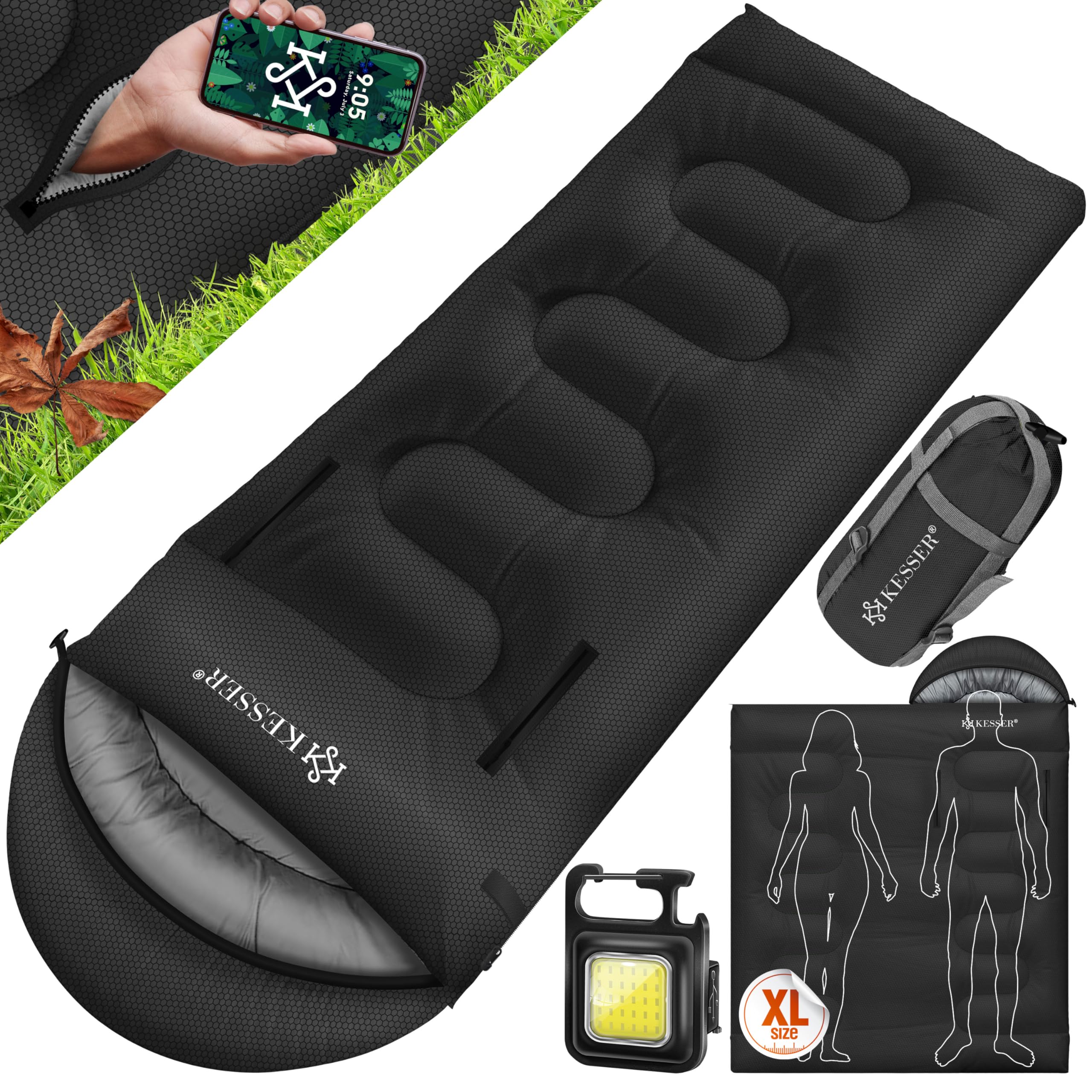 KESSER® Slaapzak Outdoor 220 cm x 83 cm, dekenslaapzak 3-4 seizoenen, campingslaapzak voor volwassenen, licht, draagbaar, warm en waterafstotend, inclusief campinglamp en zijzak, kaki