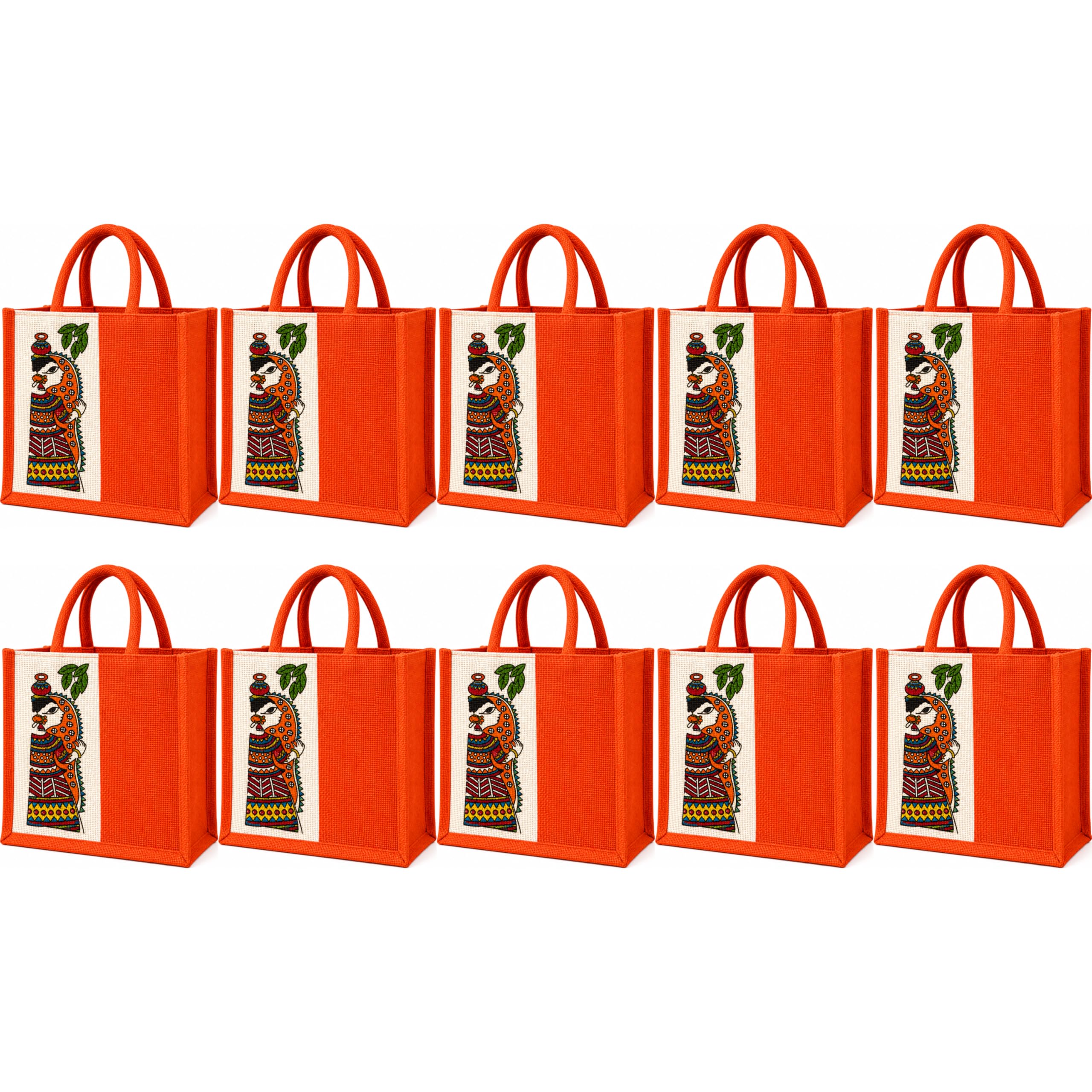 cantainoo Jute Bags for Return Gifts | Return Gift Bags | Eco-Friendly Reusable Jute Bags for Gifting, Shopping & Daily Use (10, Durga-Orange-Zip)