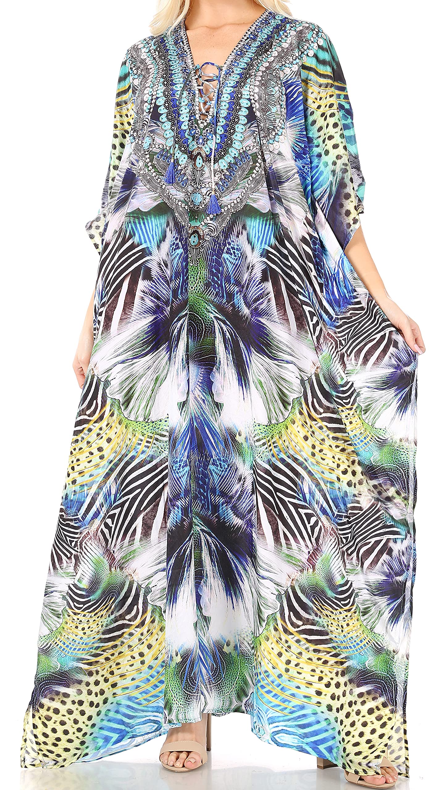 Sakkas Yeni Women's Short Sleeve V-Neck Summer Floral Long Caftan Dress Cover-up