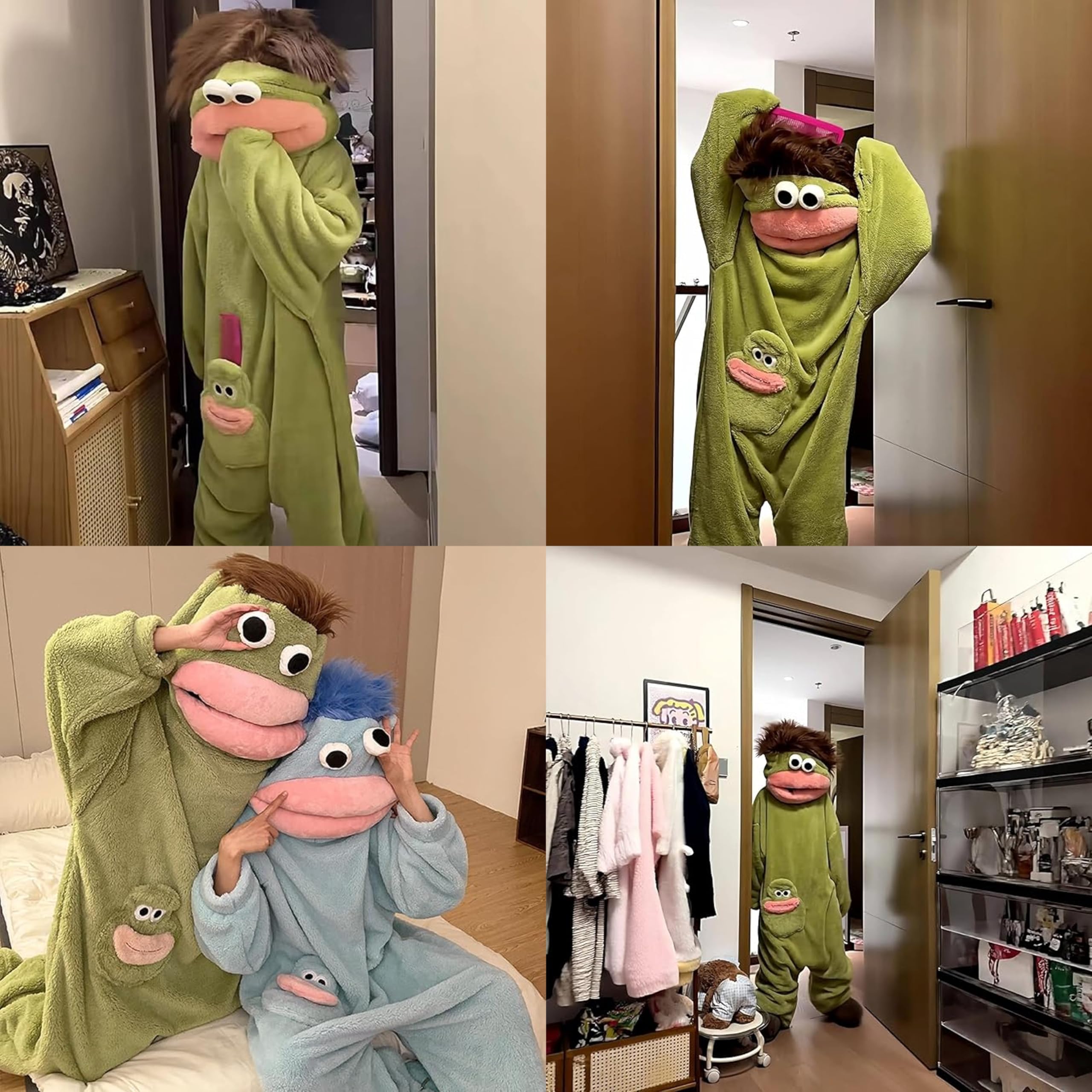 Silly Wearable Onesie Fleece Pajamas for Adults Große Kinder, Goofy Onesie Loose Warm Soft Lustiger Grüner Monster Cozy Full Body Sleepwear with Hood and Pockets, Ohne Schuhe