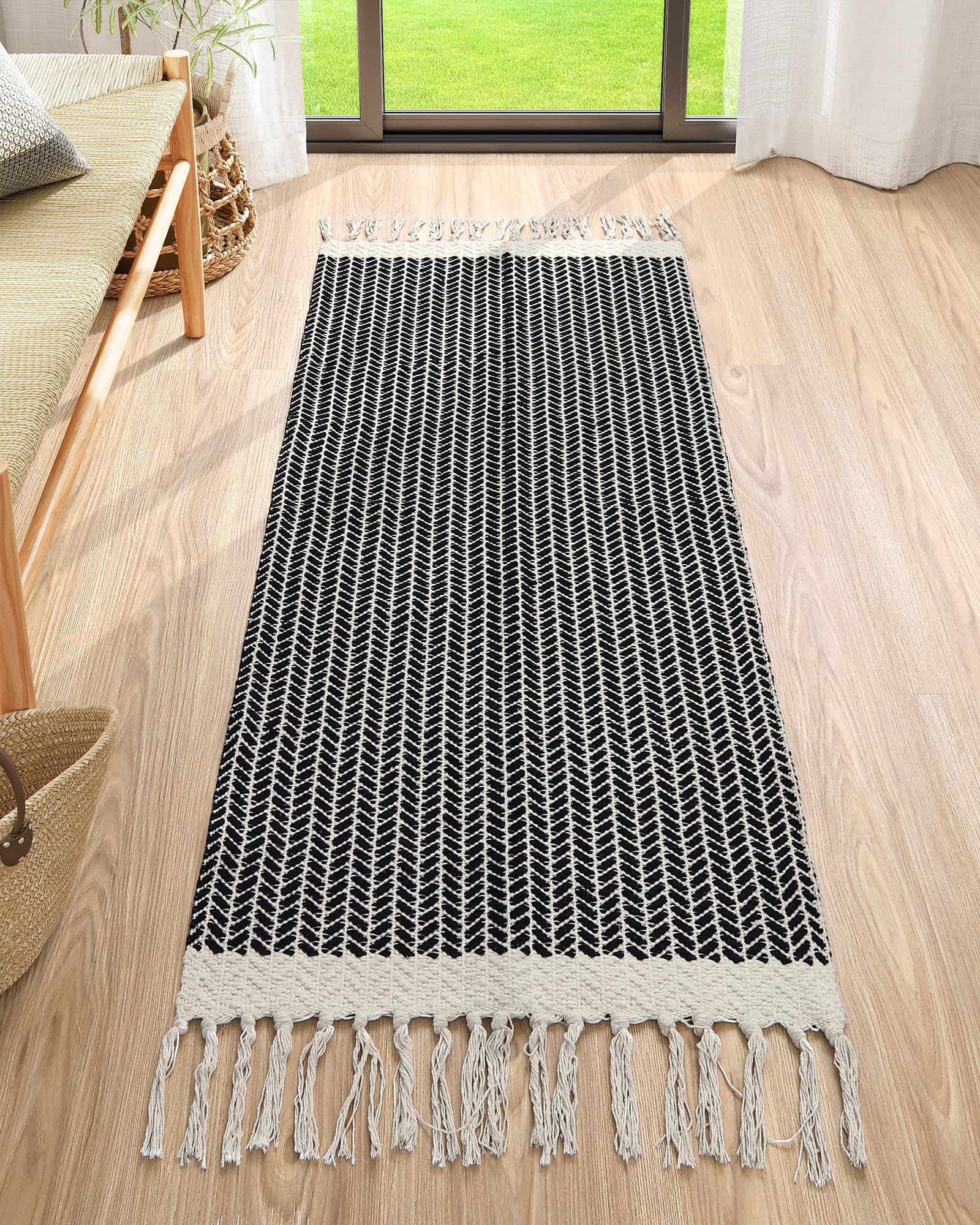Lahome Boho Rugs for Entryway, 2x5 Laundry Room Rug Lightweigh Cotton Washable Runner Rug with Tassels, Farmhouse Black Bath Door Mats Indoor Non