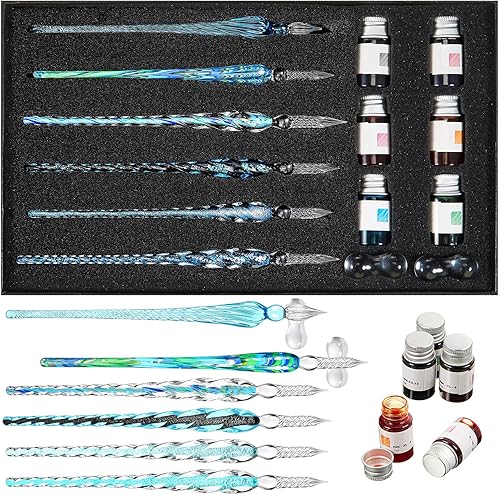 Zonon Juego de 14 bolígrafos sumergidos de vidrio, incluye 6 bolígrafos de inmersión de vidrio, 6 tintas indias coloridas y 2 soportes para