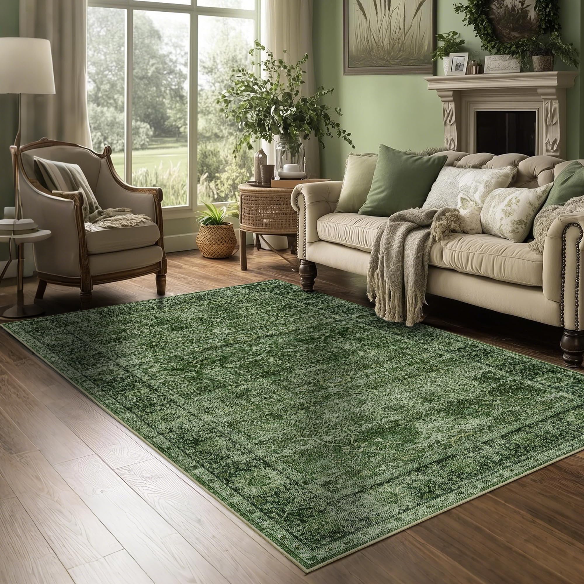 Zeeinx Green 4x6 Vintage Floral Washable Rug