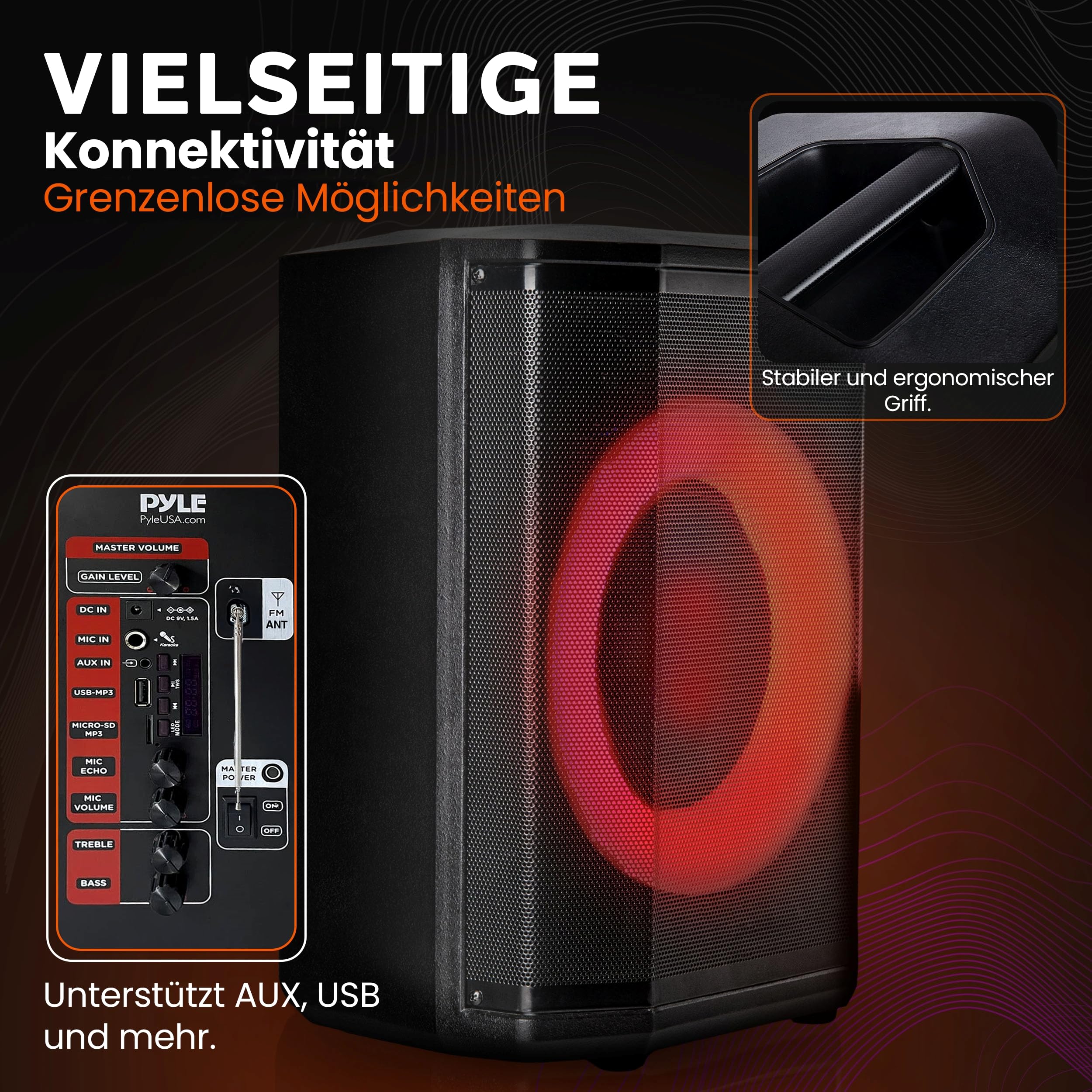 Pyle Partybox Bluetooth Lautsprecher 120W TWS – Kompakte PA Anlage mit kraftvollem Sound, LED Lichteffekte, Stativ, USB, Micro SD, FM Radio