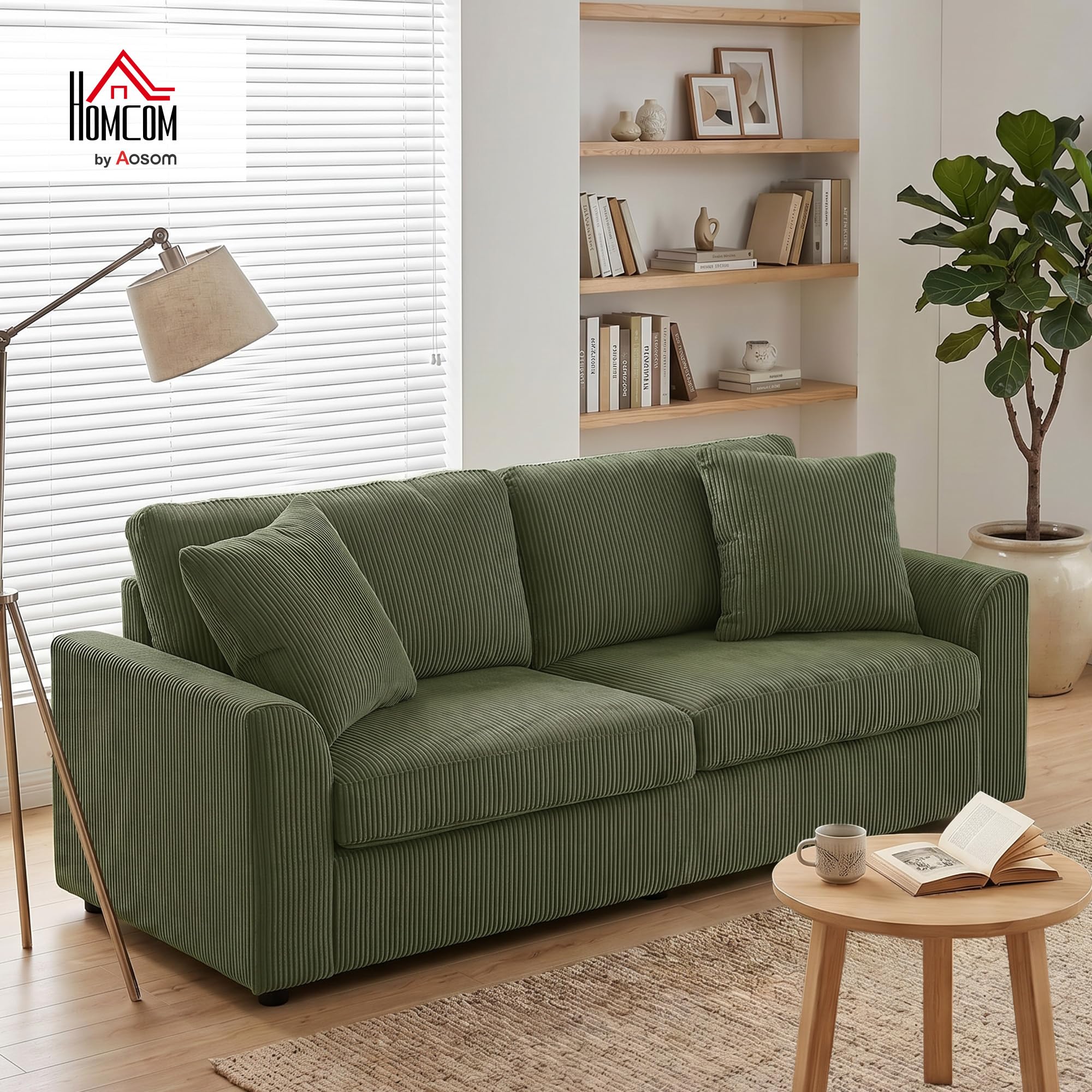 HOMCOM Sofá de 3 Plazas Sofá de Salón 212x80x88 cm Tapizado en Pana con 2 Almohadas Reposabrazos y Cojín de Muelles Diseño Moderno para Sala de Estar Dormitorio Verde