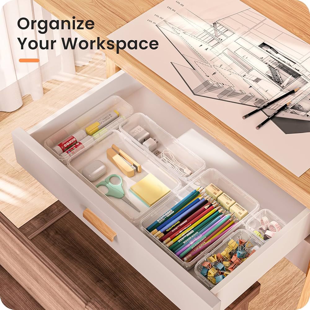 8 Stuks Plastic Lade Organizer Bakjes Lade Makeup Drawer Organizer 3 Formaten Lichtgrijs Bathroom Bureau Kast Organizer voor Make-Up, Sieraden En Gadgets, Slaapkamer, Badkamer, Kantoor