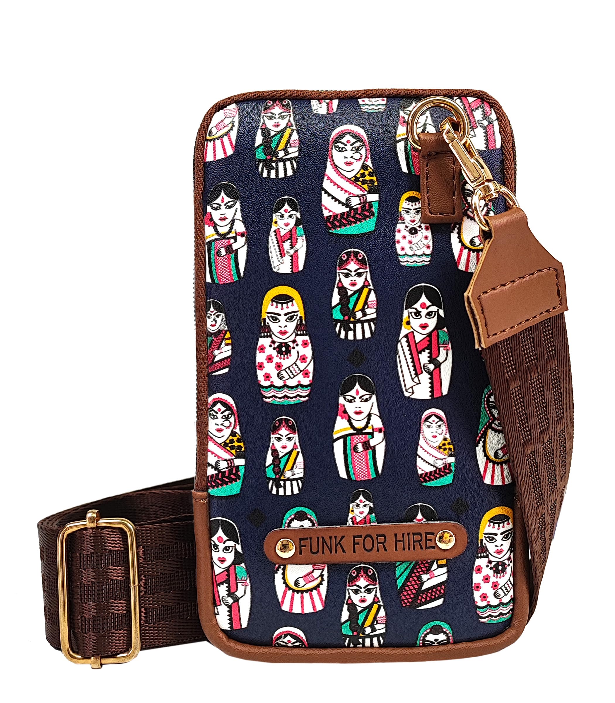 Funk For Hire Womens Leatherette Doll Printed Mobile Holder Sling Bag - Navy And Brown (B0C7VWY7NN) Amazon Price History, Amazon Price Tracker