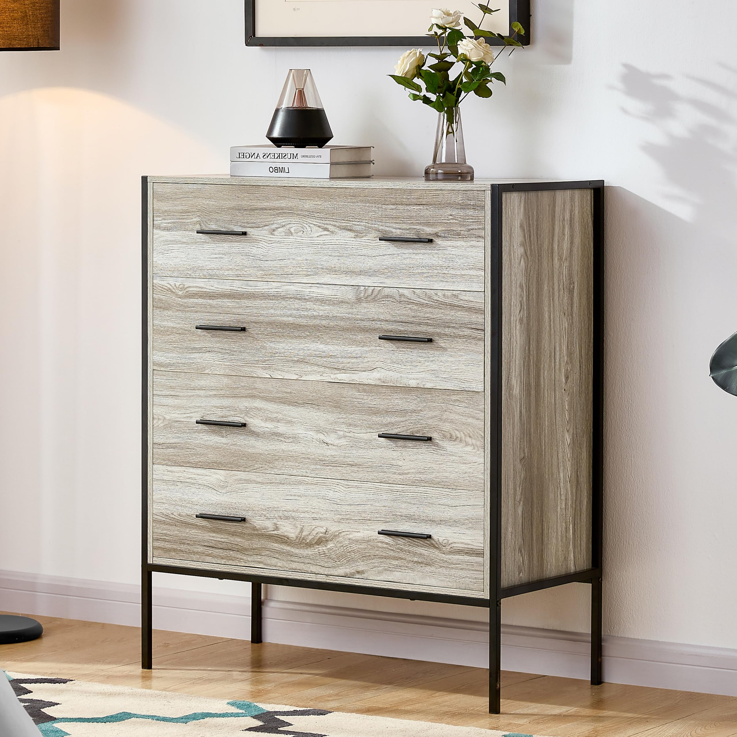 Vida Designs Brooklyn Industrial Chest of Drawer Rustic Bedroom Storage Unit, Cabinet Dresser with Metal Frame (Grey, 4 Drawer)