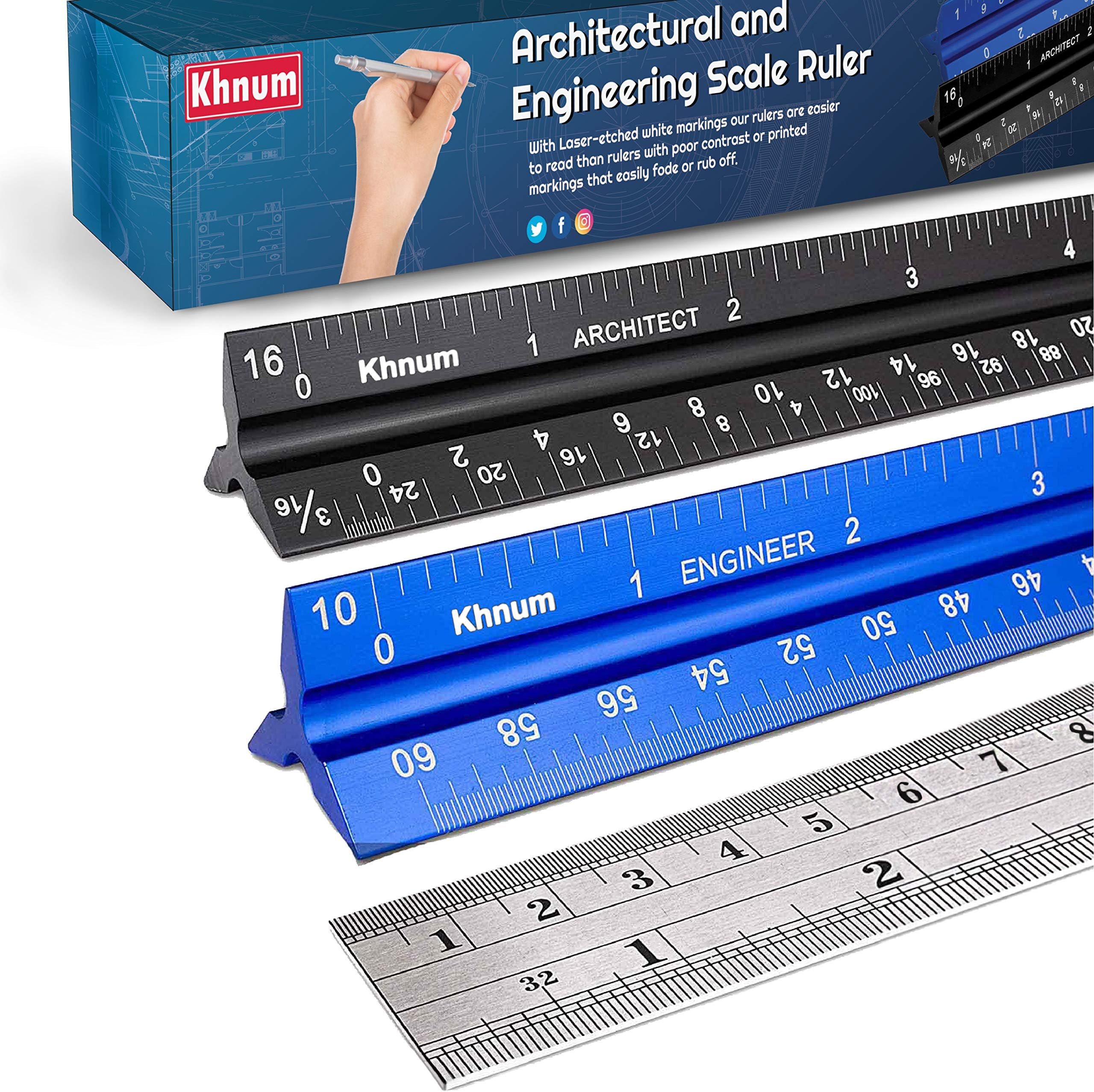 Khnum 12-Inch Architectural and Engineering Scale Ruler Set (Imperial) | Laser-Etched Aluminum Triangular Drafting Tool | for Architect and Civil Engineer Blueprints | Standard Metal Ruler Included