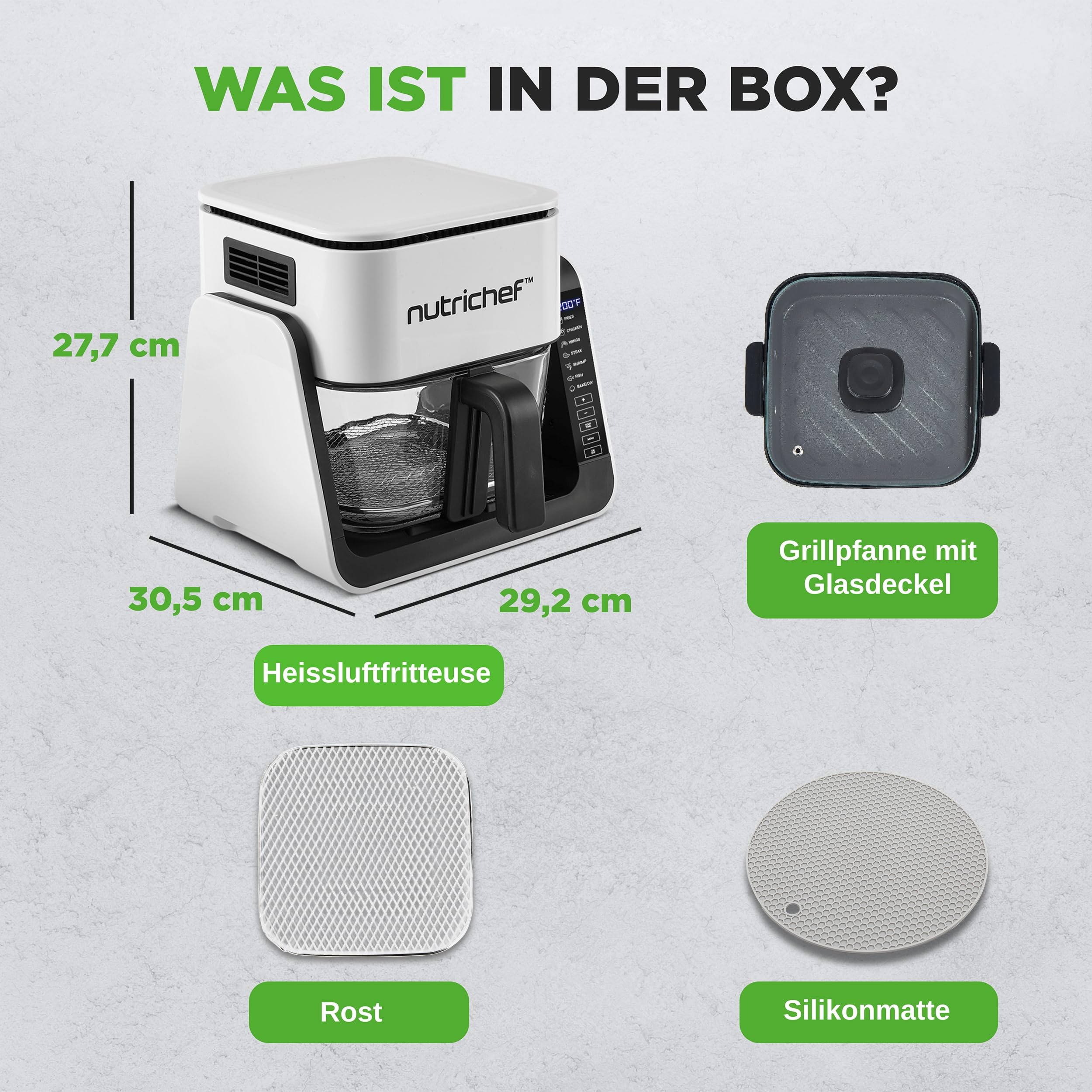 NutriChef Heißluftfritteuse 4L mit Grillfunktion 1500W Weiß – Airfryer ohne Öl mit Sichtfenster, 7 Programme, Glasbehälter für Familien