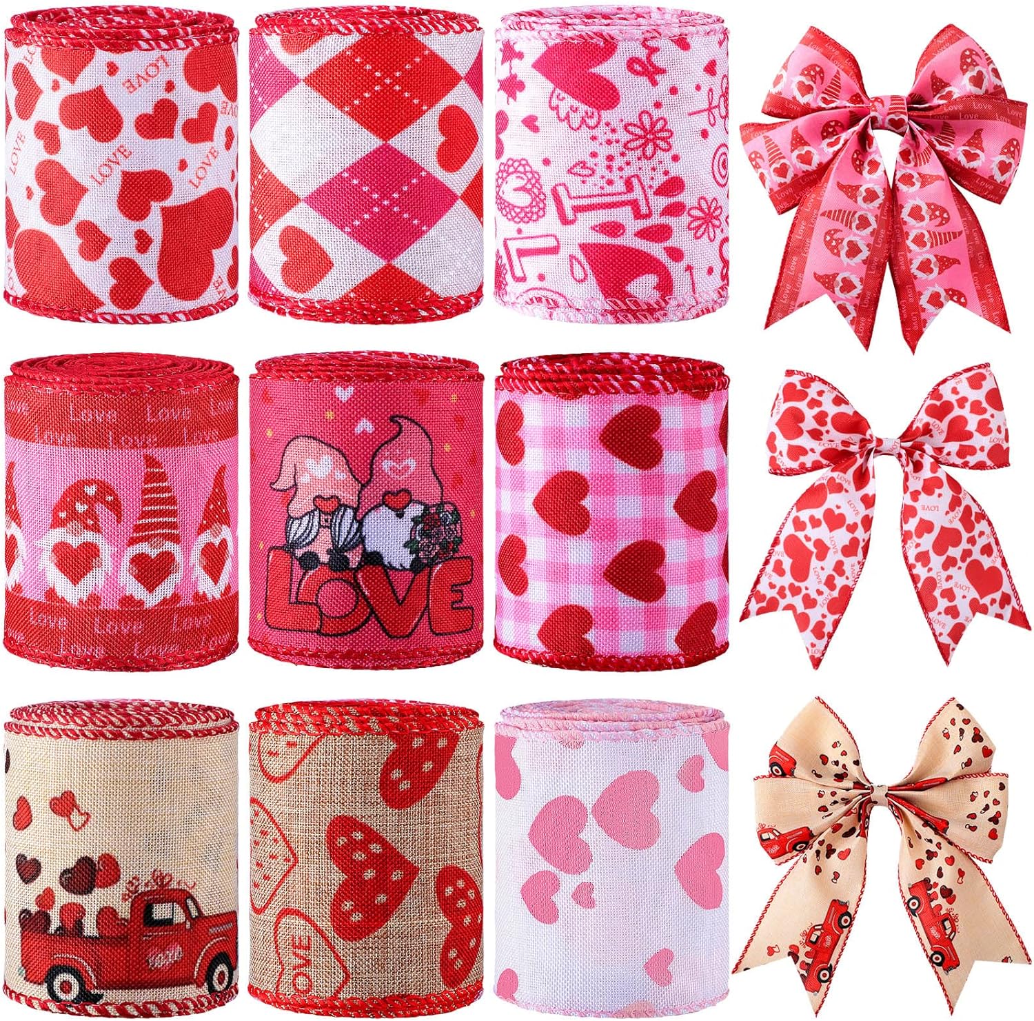 Waydress 9 Rolls Valentine's Day Wired Edge Ribbon for Wreaths 2.5 Inch x 27 Yards Red Love Heart Truck Pattern Ribbons for Valentines Gift Wrap DIY Crafts Wedding Birthday Party Decoration