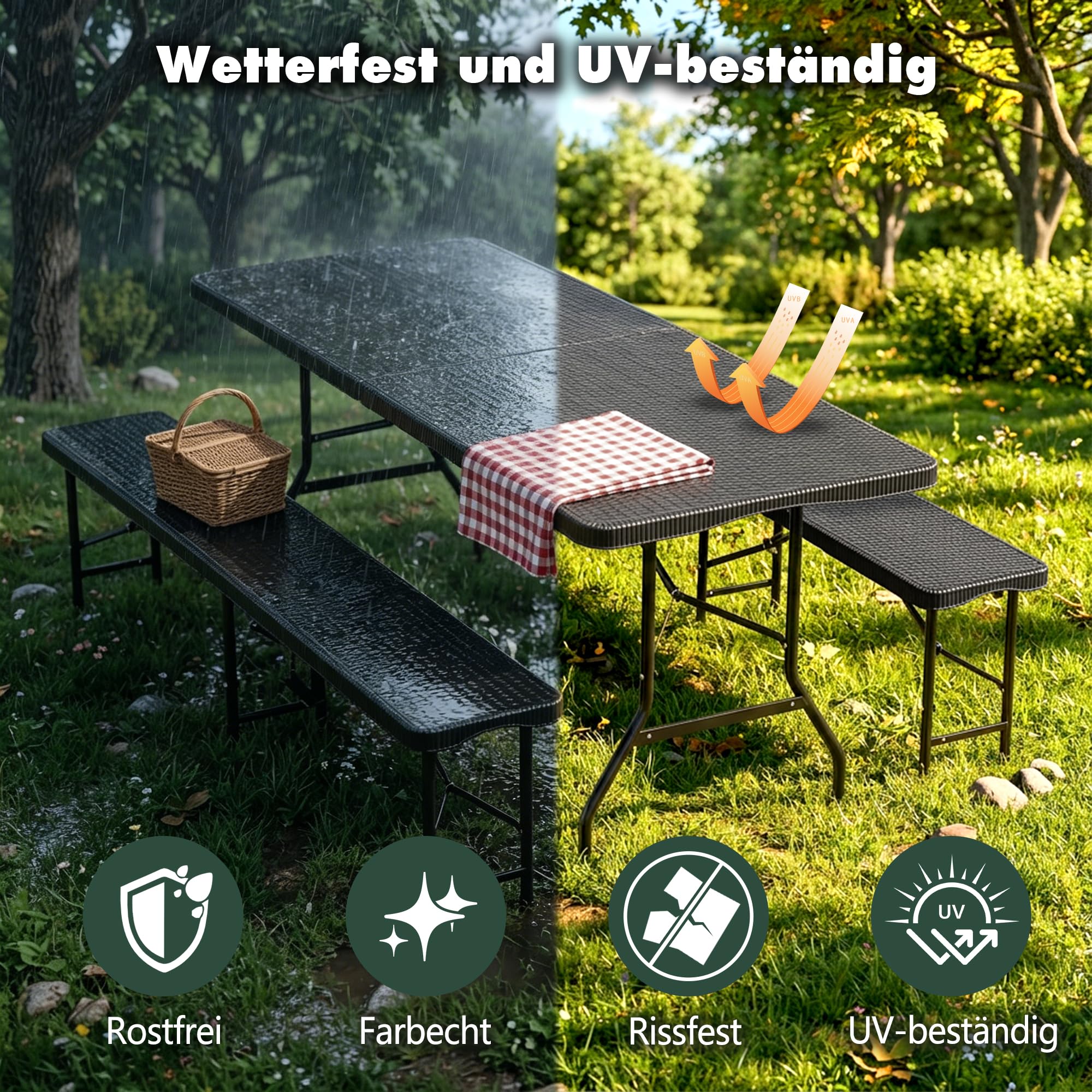 Thanaddo Buffettisch Gartentisch Bierzeltgarnitur Tisch, klappbar 3-teilig Set, 180x74 cm Kunststoff Campingtisch, Rattan-Look für bis zu 8 Personen, robuste wetterfest Biertisch Set, Anthrazit
